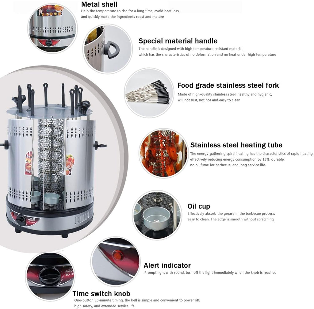 Electric BBQ Smokeless Grill Indoor - Vertical Barbecue Grill, Includes Skewers, Machine Rotisserie Grill for Home- Broiling Meat Layers, Shashlik, Gyros, Sausages, Poultry