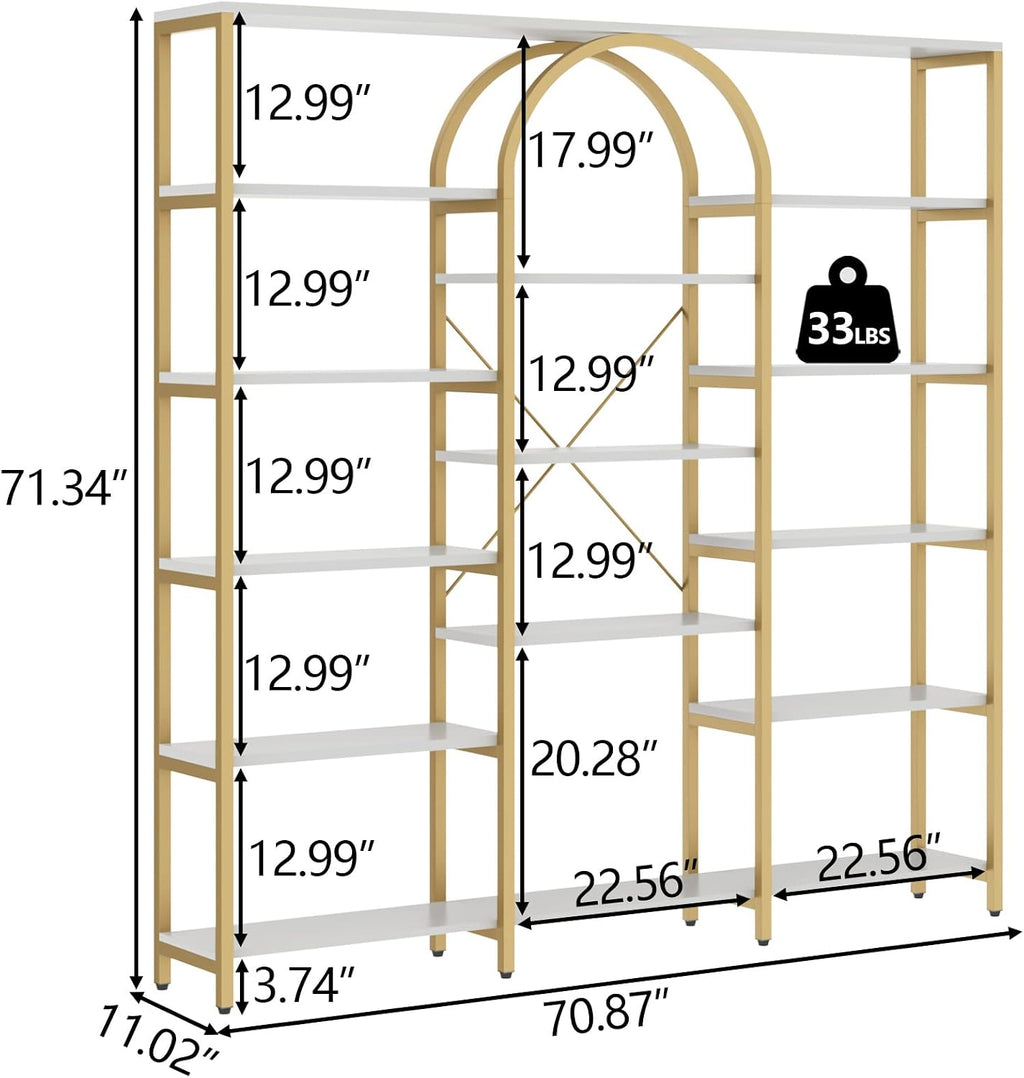Auromie Triple Wide Gold Bookshelf, 70.87' W x 71.34' H Large Modern Etagere Bookcase, Tall Display Shelf with 13-Tier Open Shelves, Freestanding Staggered Storage Shelf for Home Office, White/Gold