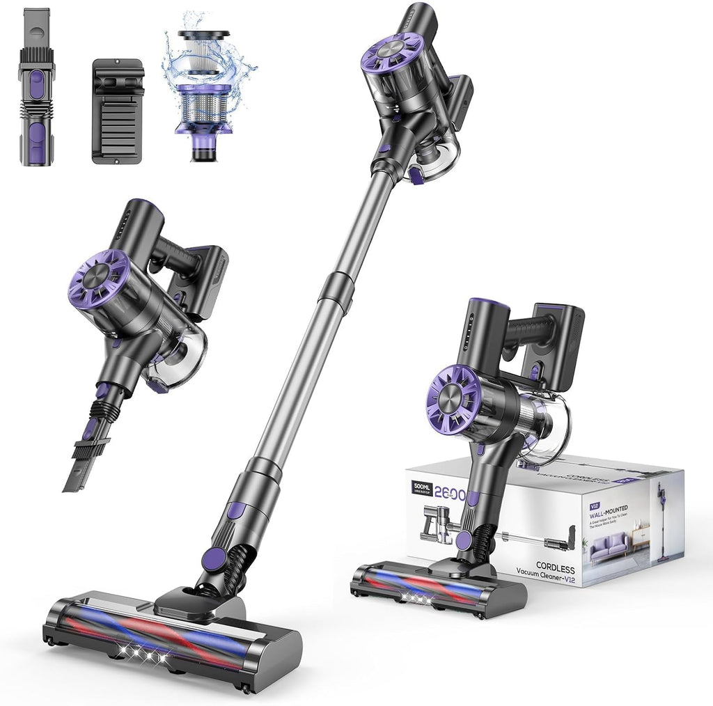 Comvtu Cordless Vacuum Cleaner Rechargeable with Detachable Battery, Powerful Vacuums with 2 Adjustable Modes, Lightweight Portable Stick Vacuum (Hibiscus)