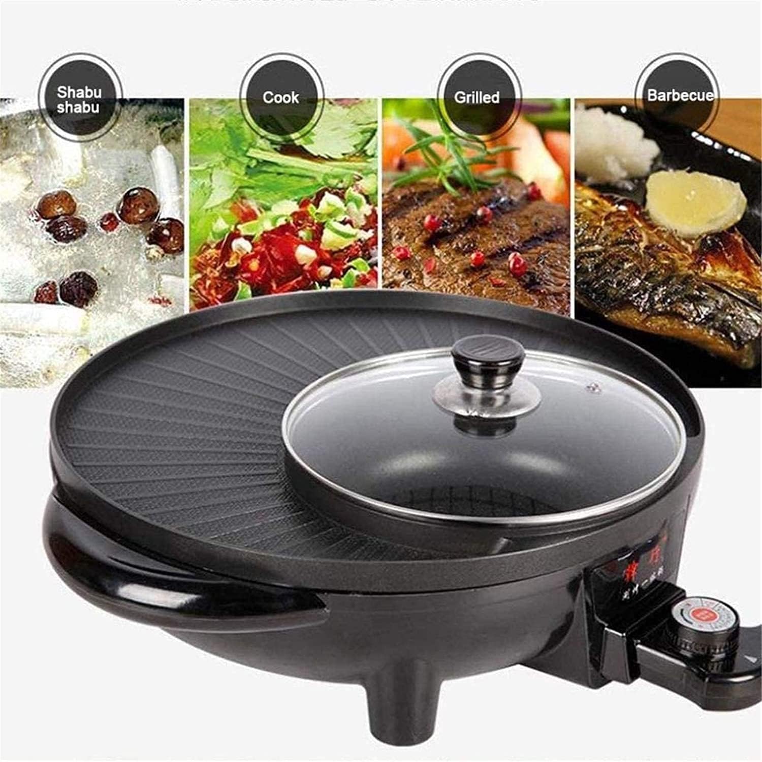 Electric BBQ Grill Indoor Electric Griddle Grill Teppanyaki BBQ Hot Plate Camping, Non Stick, Adjustable Temperature 1700W-Multifunction Two-in-one Electric Smokeless,Portable Nonstick Griddl
