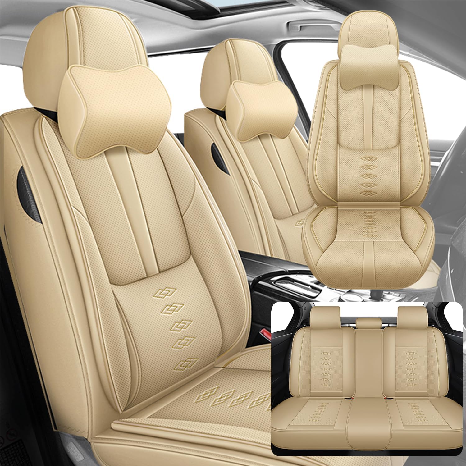 Car Seat Covers 5 Seats Fit for Mazda CX-30 2020-2024 2025,Waterproof Leather Seat Covers,Airbag Compatible,Car Seat Protectors Interior Sets(5PCS with Pillows,Beige)