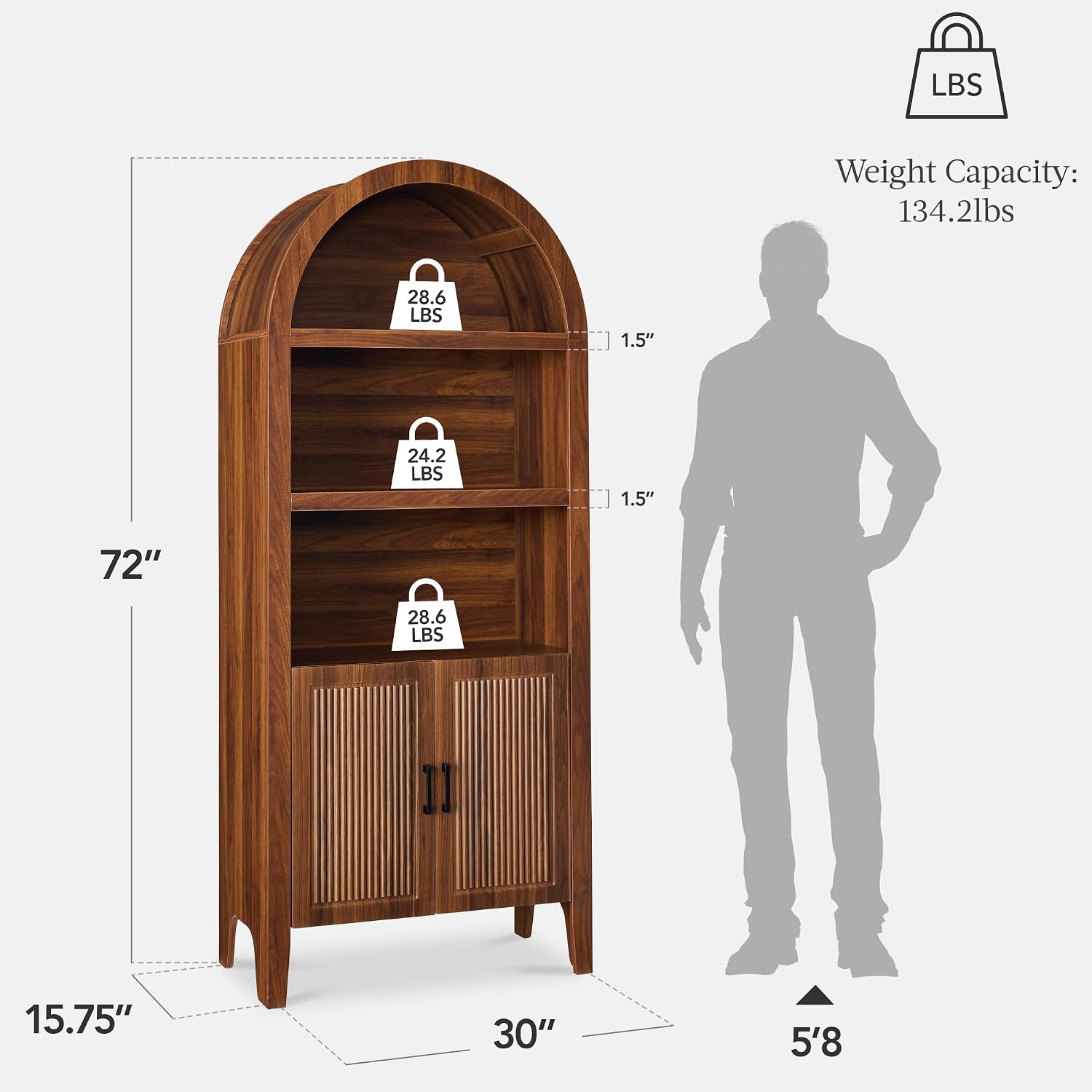 Best Choice Products 72' Tall Arched Pantry Cabinet w/Reeded Doors, 5-Tier Bookshelf, Armoire, Hutch, Bookcase, Storage Cabinet w/Adjustable Shelves, for Dining Room and Livingroom - Walnut