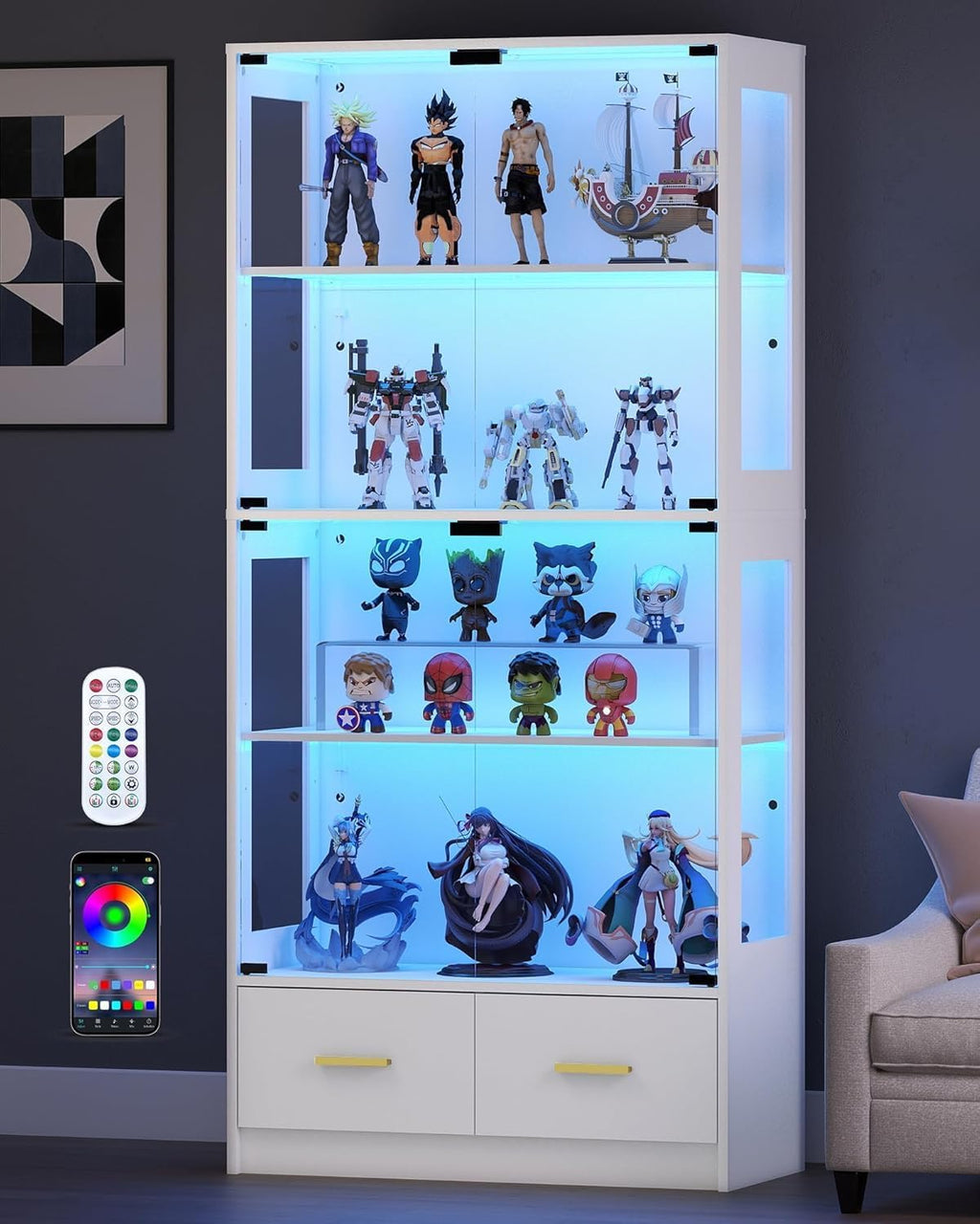 Lamtor Display Cabinet with Glass Doors - 67' Curio Cabinet for Collectibles with RGB LED Lights and 2 Drawers, 4 Tier Glass Display Case for Living Room, Office, White