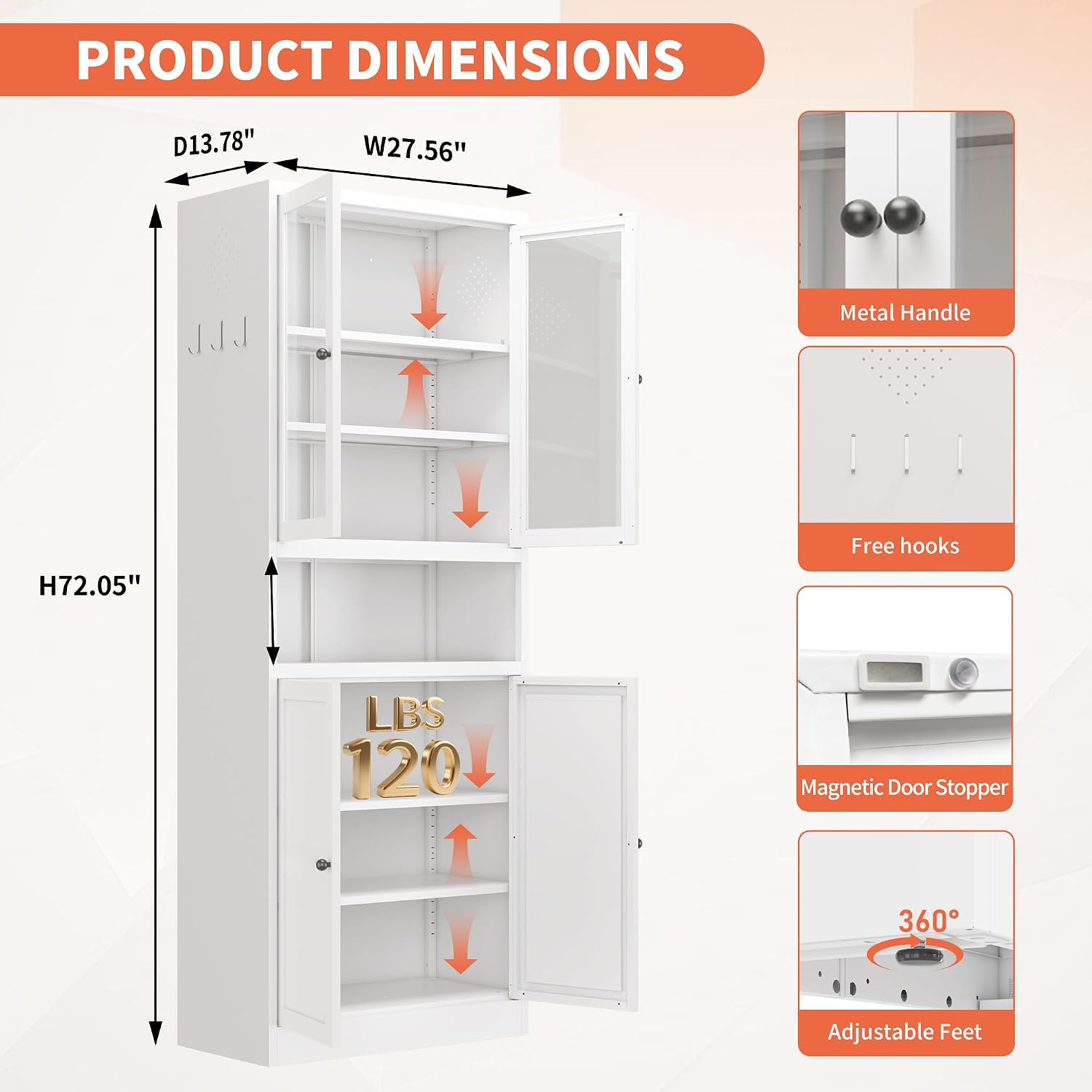 72' Tall Metal Storage Cabinets with 4 Doors and Shelves,White Kitchen Pantry Cabinet,Freestanding Steel Cupboard Display Cabinets for Kitchen,Living,Dining Room,Bathroom,Assembly Required