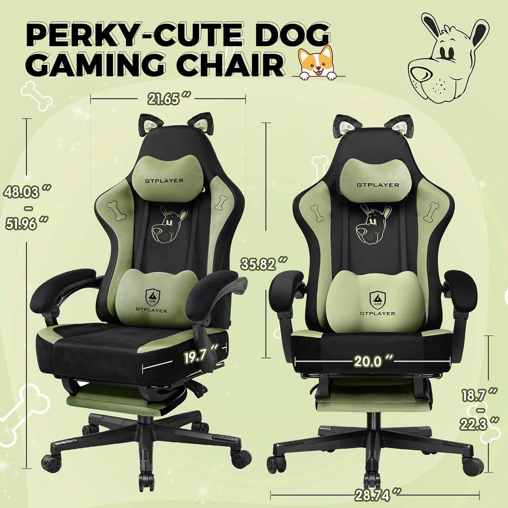 GTPLAYER Gaming Chair Cute with Cat Ears Ergonomic Computer Chair with Dog Embroidery Adjustable Memory Foam Lumbar Support and Headrest Comfortable Reclining Office Chair Soft Velvet Fabric for Women