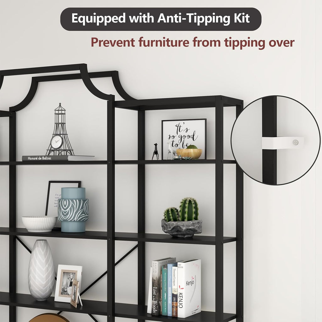 Auromie Triple Wide 5-Tier Bookshelf, 70.87' L x 79.13' H Extra Large Bookcase, Tall Open Etagere Display Shelf with Metal Frame, Freestanding Modern Storage Shelves for Home Office (Black)
