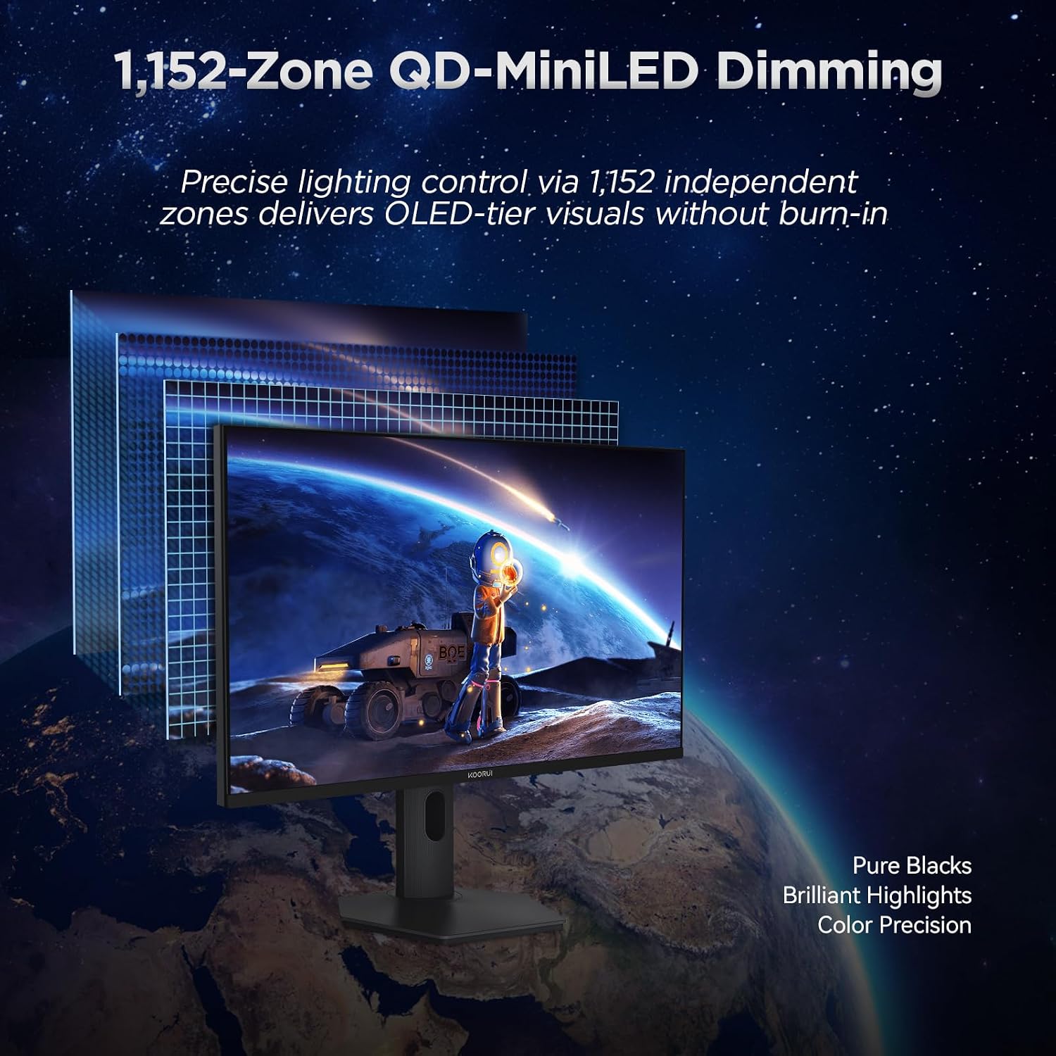 KOORUI 27' 4K QD-Mini LED Gaming Monitor - Dual-Mode (UHD 160Hz or FHD 320Hz), 1ms, 99% Adobe RGB, HDR1400, 90W USB-C, HDMI 2.1/DP1.4, VESA, Tilt Height Swivel Vertical Adjustment, Black, S2741LM