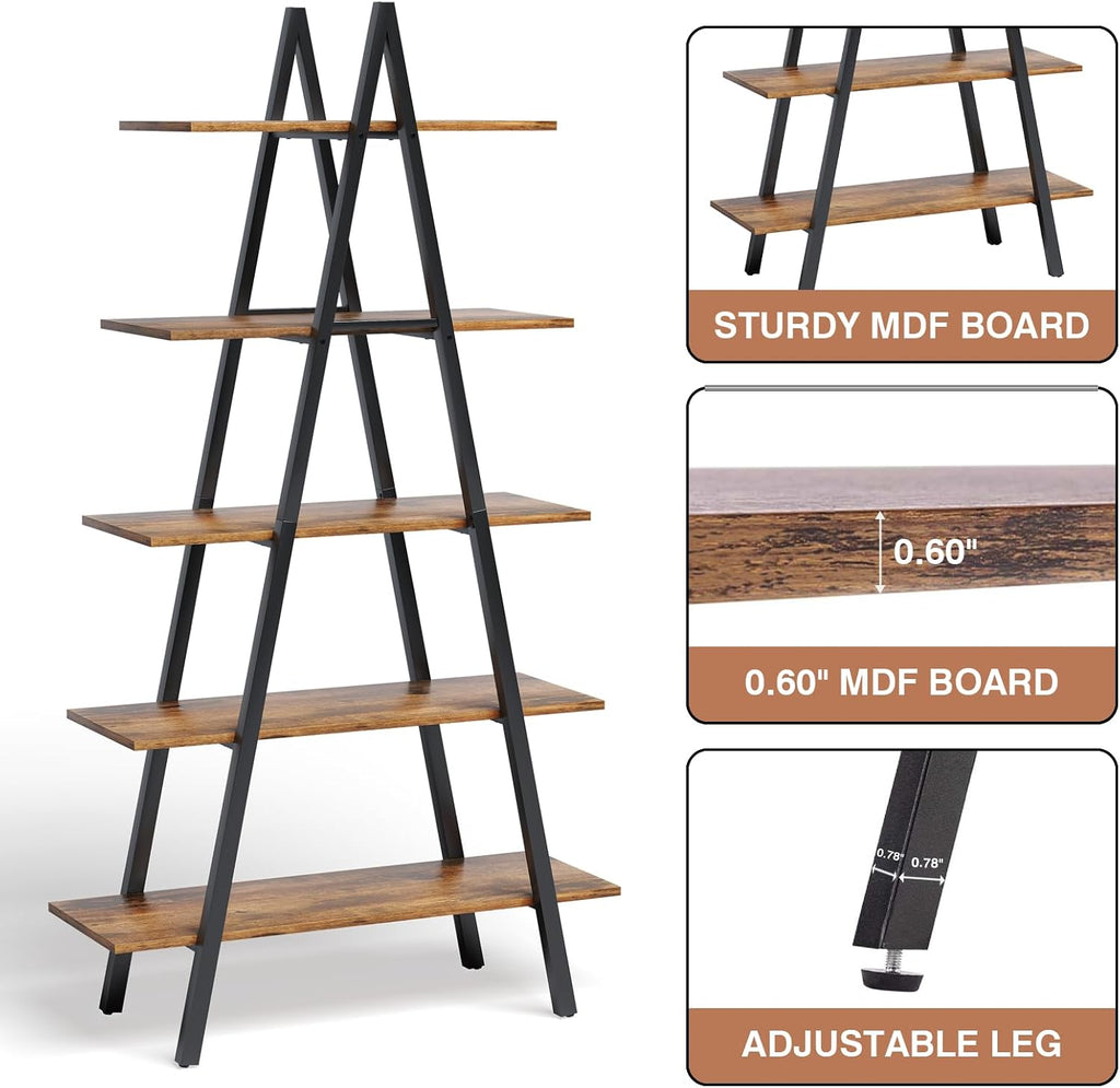 YOUDENOVA 5-Tier Ladder Bookshelf, Industrial A-Shaped Bookcase, Christmas Village Display Stand, Tall Ladder Shelf Storage Organizer for Living Room, Home Office, Black