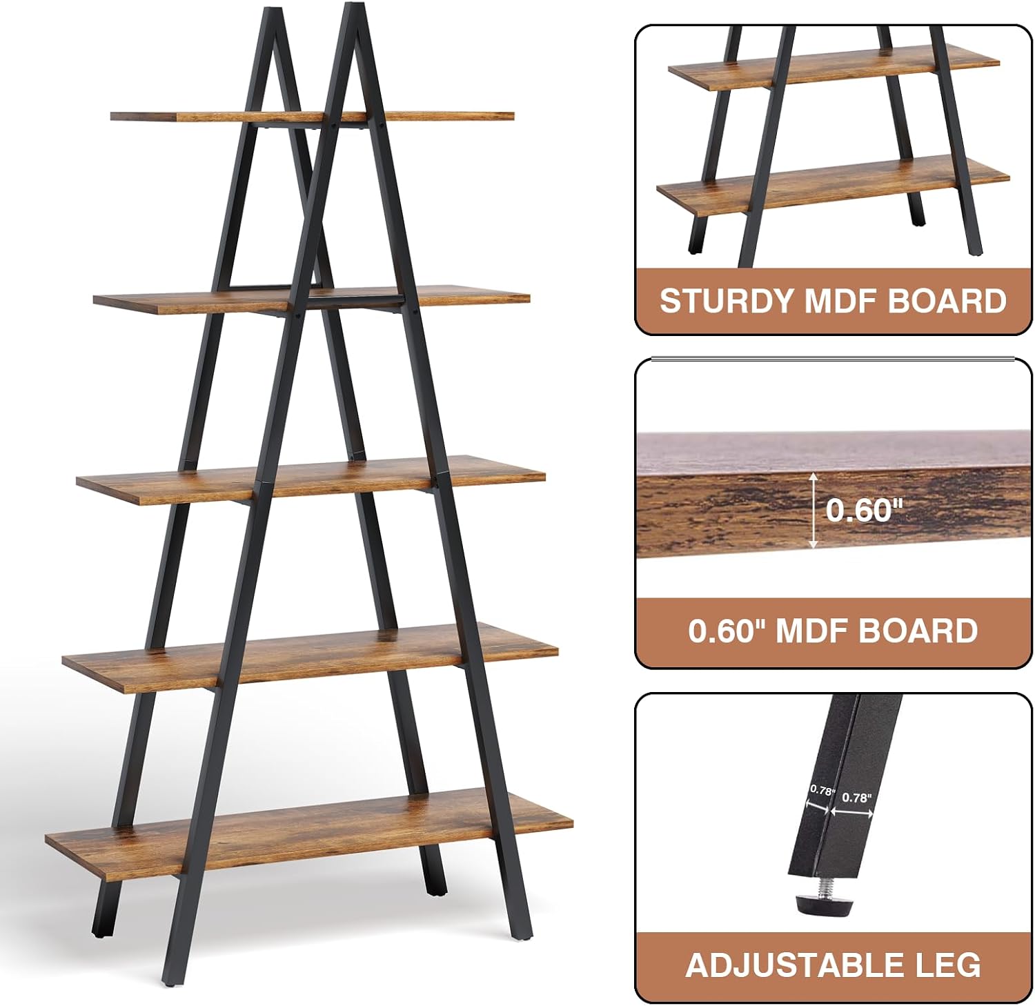 YOUDENOVA 5-Tier Ladder Bookshelf, Industrial A-Shaped Bookcase, Christmas Village Display Stand, Tall Ladder Shelf Storage Organizer for Living Room, Home Office, Black