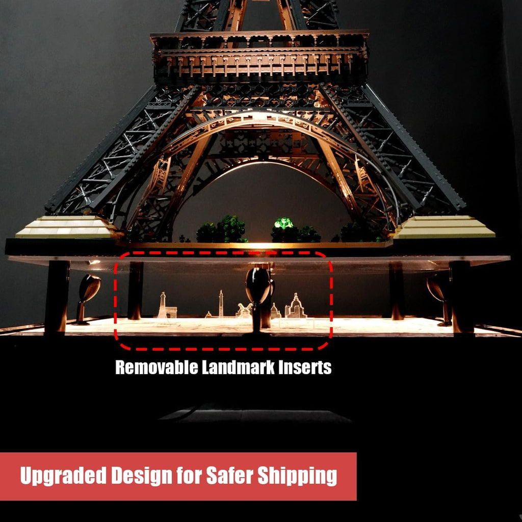 J.WOO Studio Premium LED Display Stand for LEGO 10307 Eiffel Tower (Fits 10001PCS, 59-Inch Model) | Collector Acrylic Stand with Four-Sided Spotlights & Exclusive Engraved Paris Map