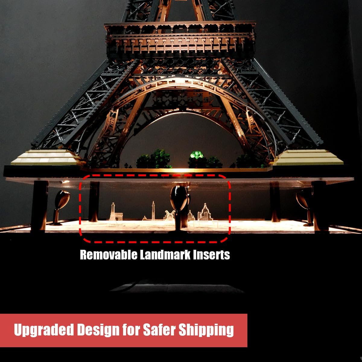 J.WOO Studio Premium LED Display Stand for LEGO 10307 Eiffel Tower (Fits 10001PCS, 59-Inch Model) | Collector Acrylic Stand with Four-Sided Spotlights & Exclusive Engraved Paris Map