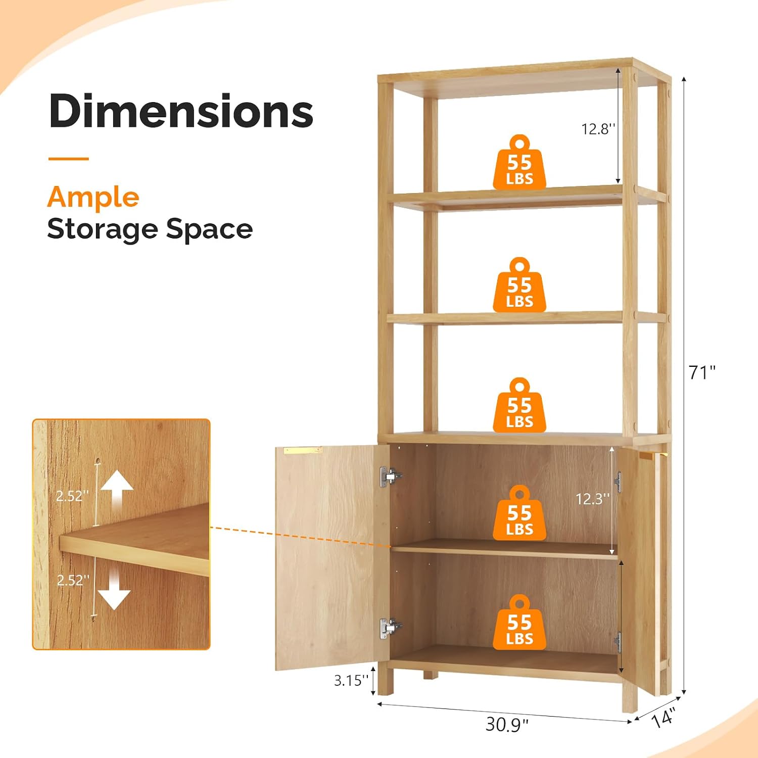 VINGLI Bookcase with Fluted Doors, 71' Wood Storage Cabinet with Adjustable Shelves, 6-Tier Display Cabinet Bookshelf for Study, Living Room, Home Office, Kitchen Pantry, Oak