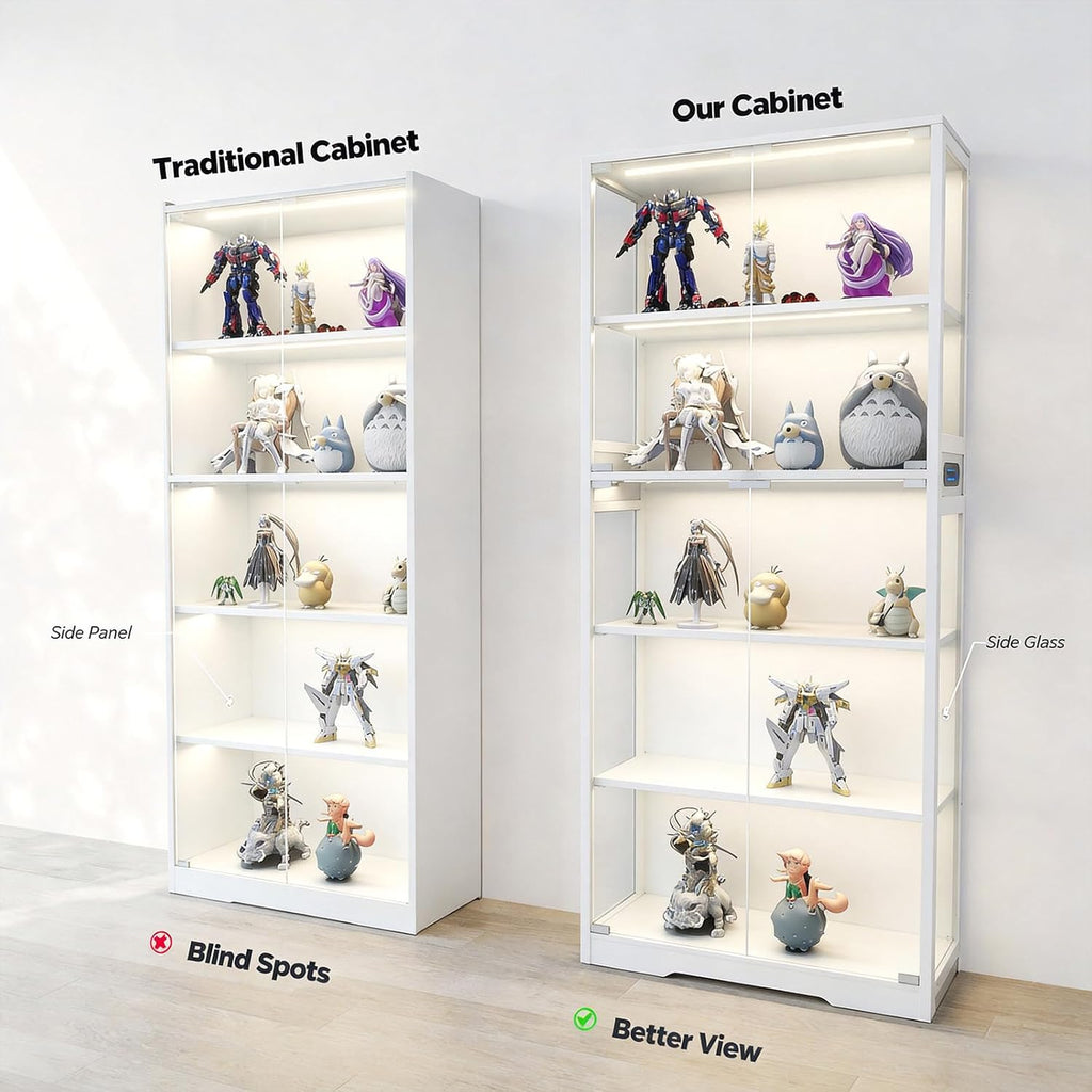 Glass Display Cabinet, 5-Tier Curio Cabinet with Glass Doors, Dimming LED Lights & Motion Sensor, for Collectible Figures, Living Room, Bedroom, or Office (Iron Frame White)