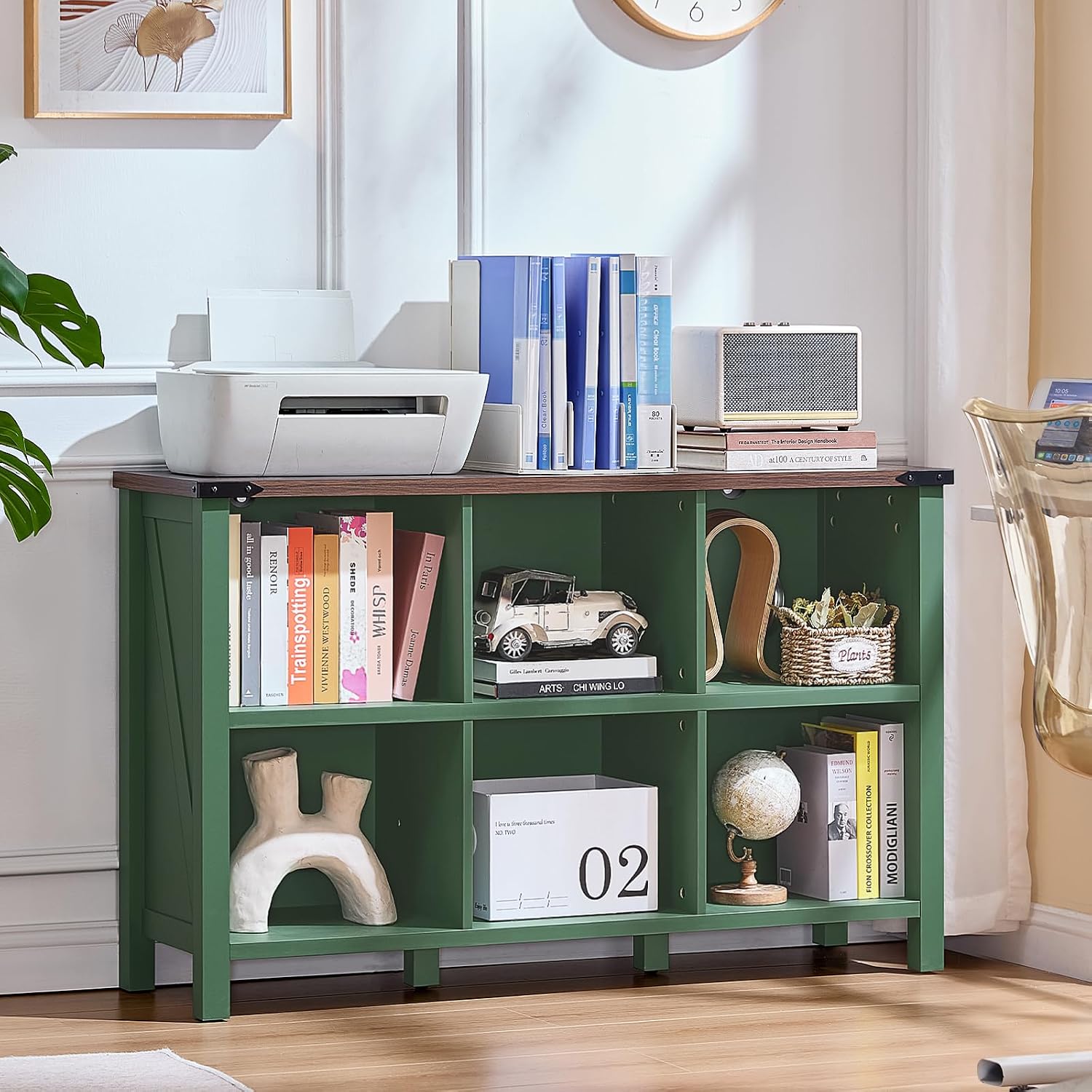 Joaxswe 6 Cube Storage Organizer, Farmhouse Green 47 Inch Wide Horizontal Bookshelf, Wooden 2 Tier Display Book Shelf, Rustic Low Book Case for Living Room (Green, 6 Cube (13.6'D x 47.24'W x 29.7'H))