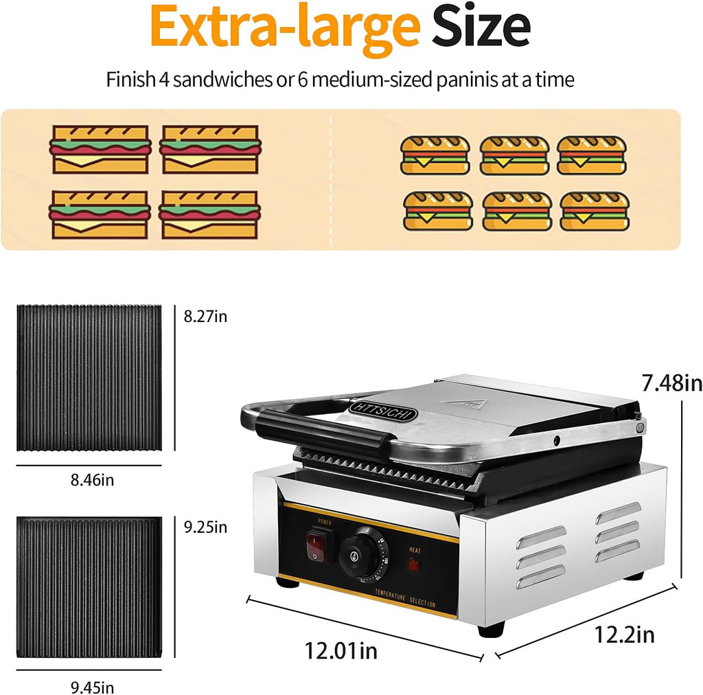 Commercial Panini Press - 1800W Commercial Electric Panini Sandwich Grill w/Nonstick Coating & Adjustable Temp, Panini Grill Press w/ 9' x 9' Cooking Pan, Double-sided Heating