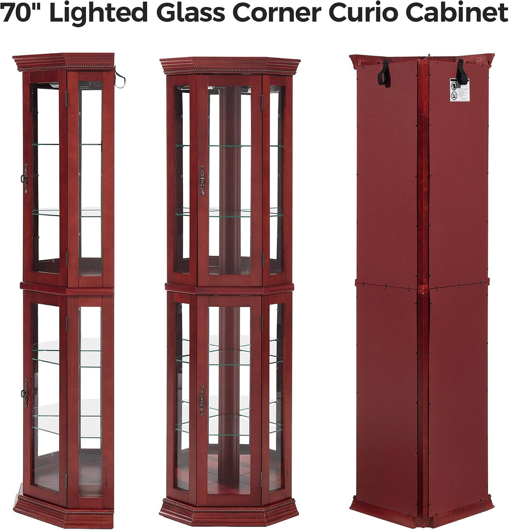 70' H Lighted Corner Display Cabinet, Wooden Storage Display Case with Tempered Glass Doors, Accent Cabinet with Adjustable Shelves for Living Room, Cherry