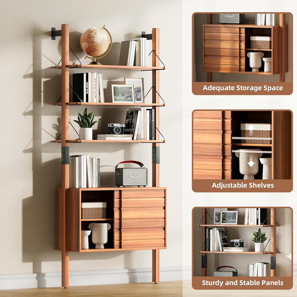 JOINICE, Ladder Bookshelf with Storage Cabinet, Mid Century Modern Wall Mounted Bookcase with Wood and Metal Frame, 6 Tier Open Display Shelves for Living Room, Bedroom, Home Office, Cherry