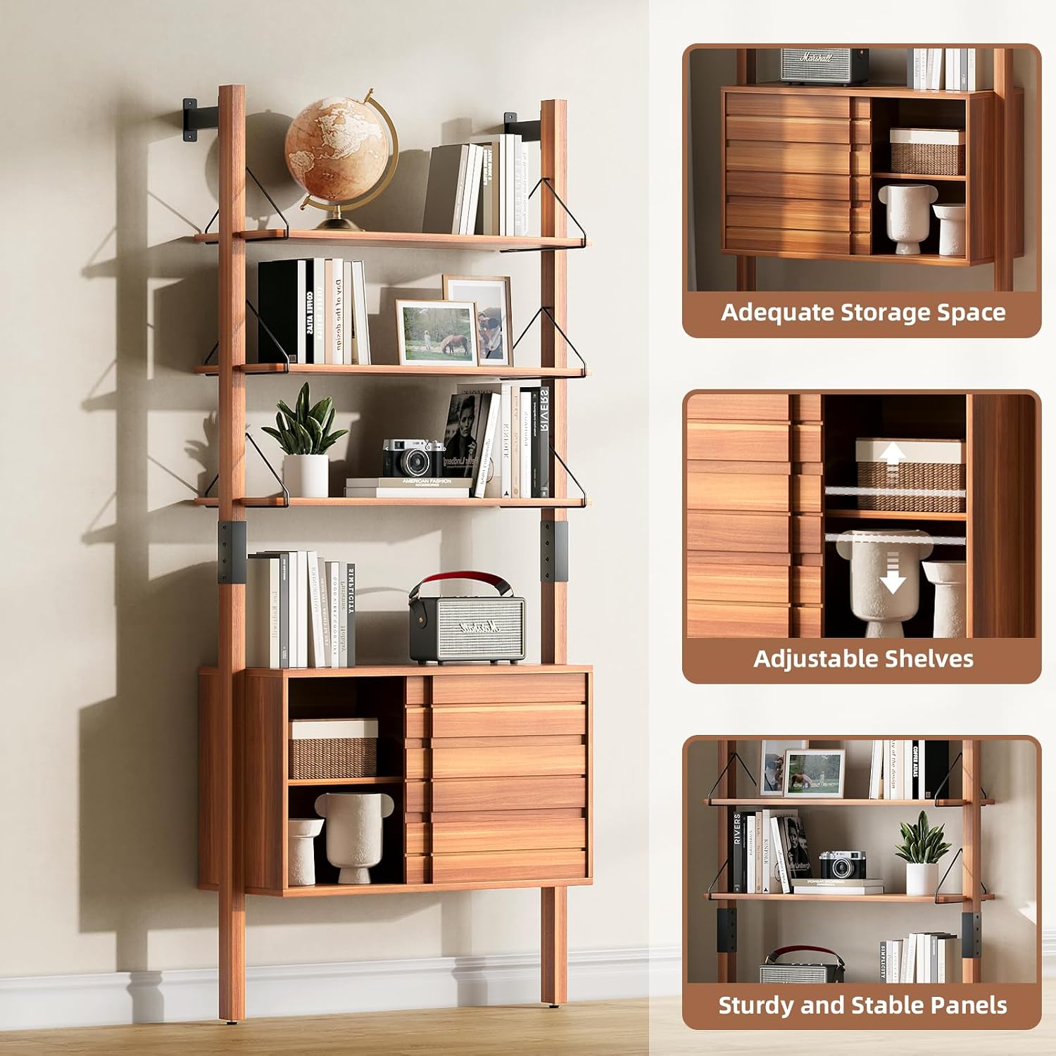 JOINICE, Ladder Bookshelf with Storage Cabinet, Mid Century Modern Wall Mounted Bookcase with Wood and Metal Frame, 6 Tier Open Display Shelves for Living Room, Bedroom, Home Office, Cherry