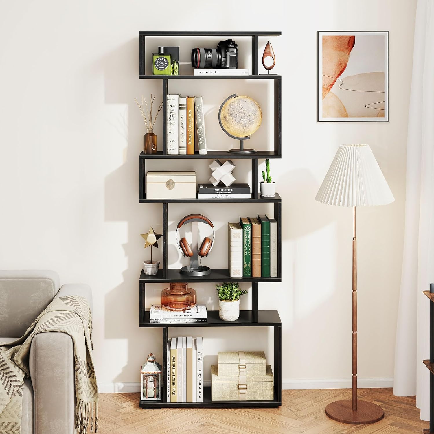 Giantex 6-Tier Geometric Bookshelves Set of 2, S-Shaped Bookcase with 2 Anti-Tipping Kits, Wooden Display Shelf, Decorative Storage Shelving Unit, Home Storage Organizer for Office Living Room, Black