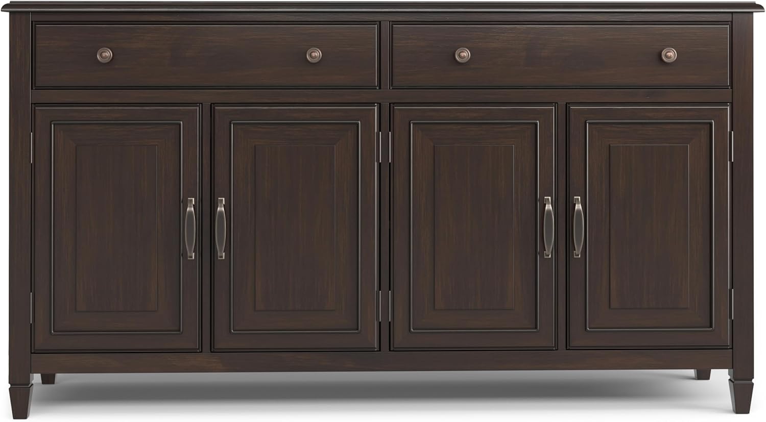 SIMPLIHOME Connaught Buffet - 67 inch Wide Solid Wood 4 Door Sideboard Cabinet in Dark Chestnut Brown, Traditional Dining Room Storage for Kitchen or Living Room with 2 Drawers and Adjustable Shelves