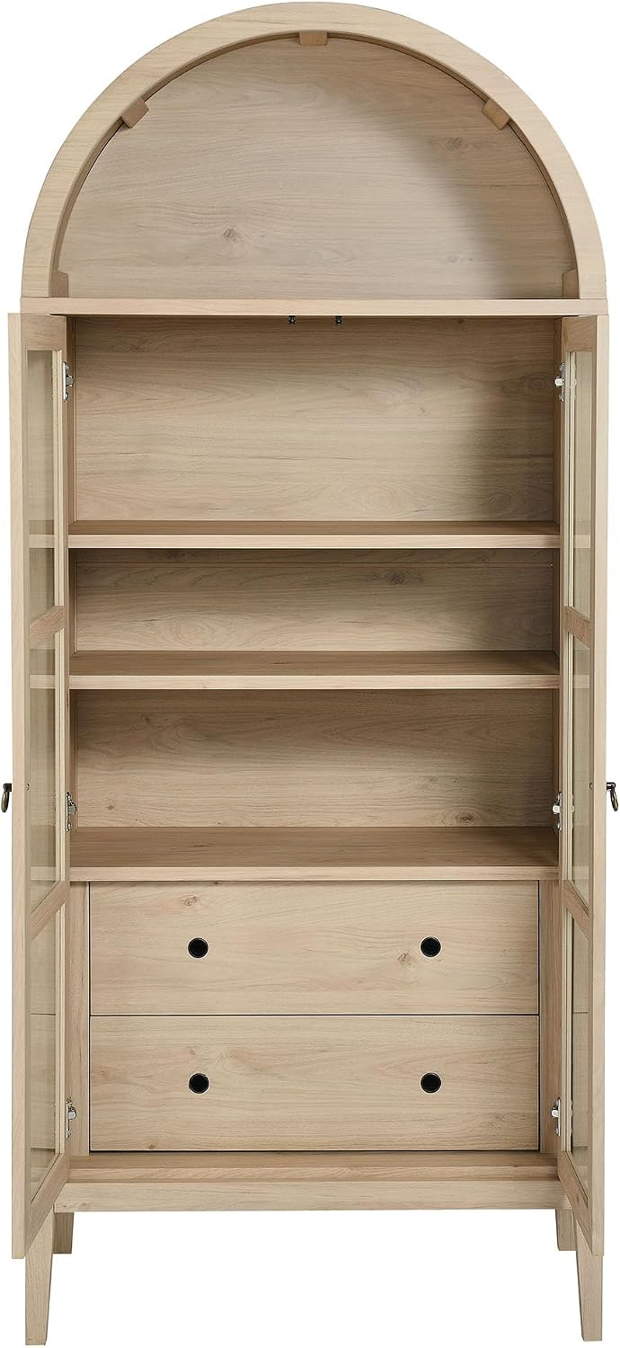 Modway Nolan Modern Farmhouse 71 Inch Tall Arched Storage Display Cabinet in Light Oak Wood Grain - 4-Tier Bookcase with Glass Doors and Shelves - Arch Accent Cabinet for Living Room