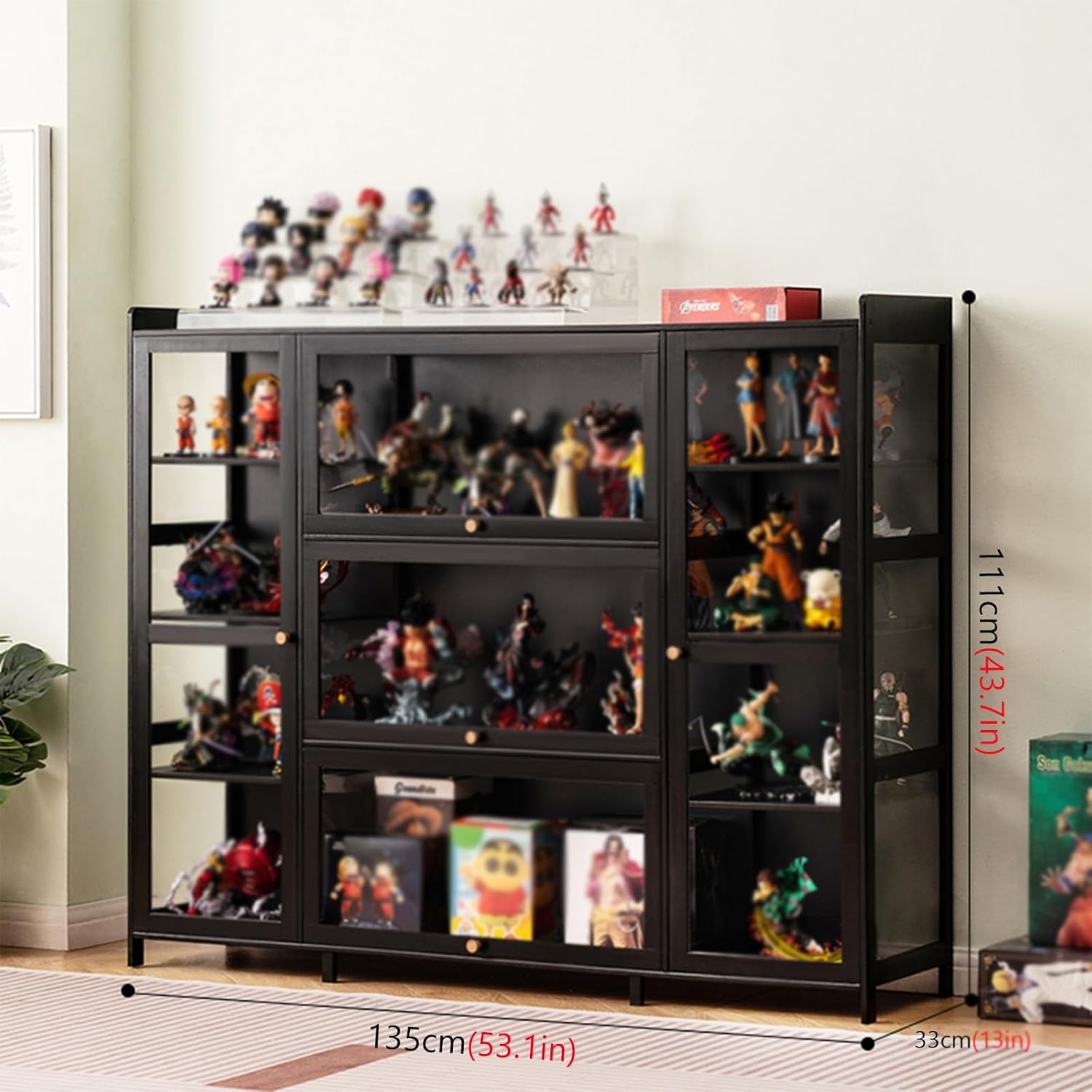 Display Cabinet, Curio Cabinet with Acrylic Doors, Figures and Curio Collection Display Case, Floor Standing Clear Showcase for Living Room Bedroom Black (Three Styles) 135×33×111cm