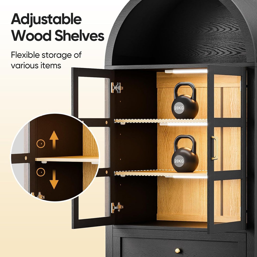 71' Display Arched Storage Cabinet with Glass Doors & Auto Sensor LED Lights, Tall Modern Black Storage Cabinets with Drawers and Adjustable Shelves for Dining Room/Bathroom/Kitchen/Office