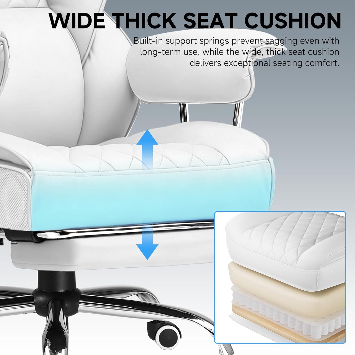 GTPLAYER Gaming Chair,Office Chair with Pocket Spring Lumbar Support, Ergonomic Comfortable Wide Office Desk Computer Chair with Outward Fixed Soft Armrests and Footrest,(PU Leather, White)
