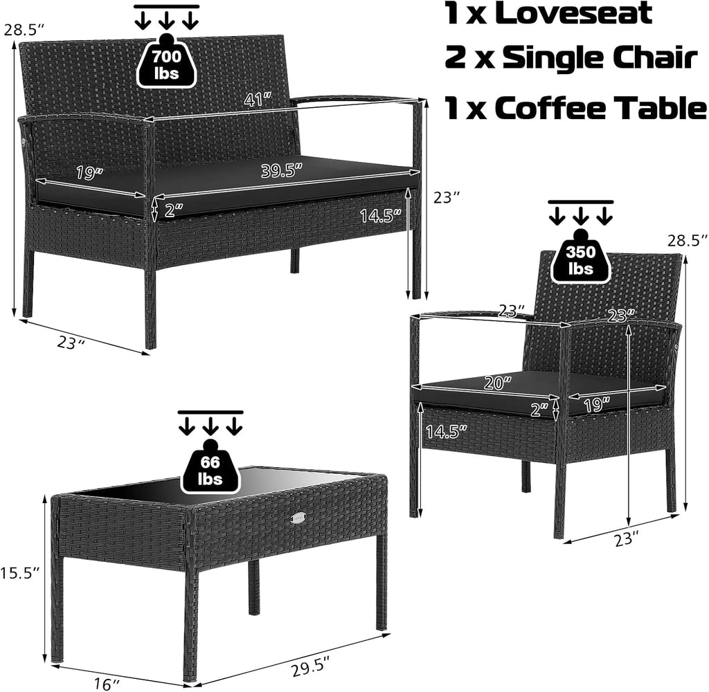 Tangkula 4 Piece Patio Rattan Conversation Set, Outdoor Wicker Furniture Set W/Glass Coffee Table, Solid Steel Structure, Ergonomic Seat, Suitable for Garden, Courtyard, Balcony, Poolside