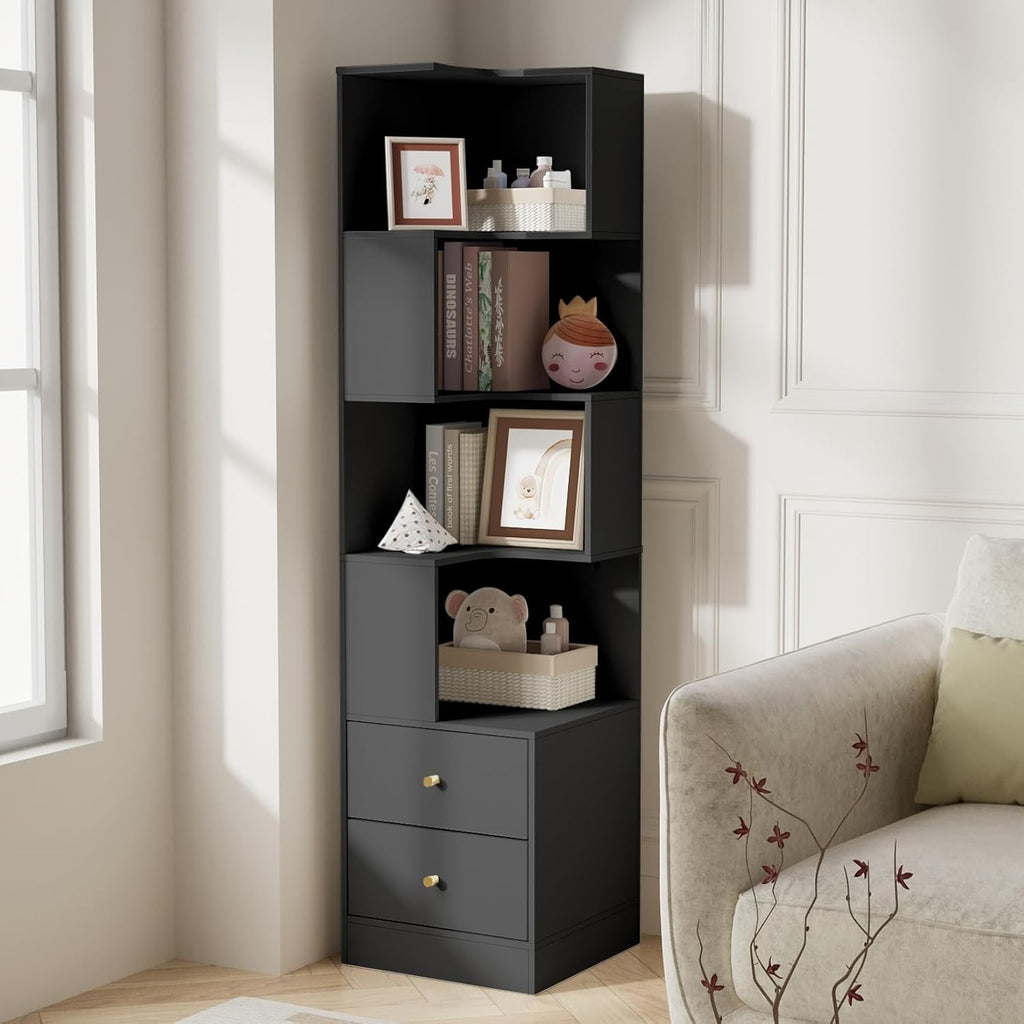 ARTETHYS Corner Shelf with Light 5-Tier Black Storage Cabinet with Drawers Modern Tall Bookshelf Stand for Living Room