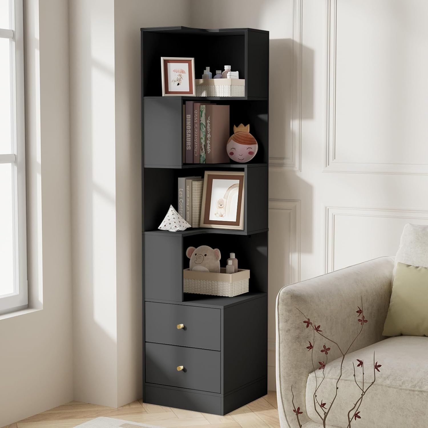 ARTETHYS Corner Shelf with Light 5-Tier Black Storage Cabinet with Drawers Modern Tall Bookshelf Stand for Living Room