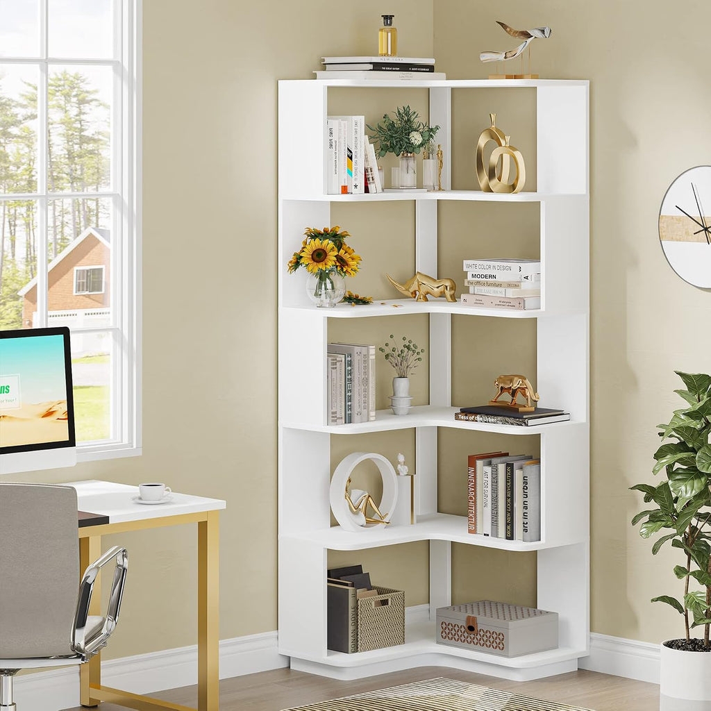 Tribesigns 6-Tier Corner Bookshelf, 64.9 Inches Tall Corner Book Shelf with Anti-Drop Panel, Modern Bookcase with Storage, Wood Display Shelving Unit for Home Office, Living Room, White