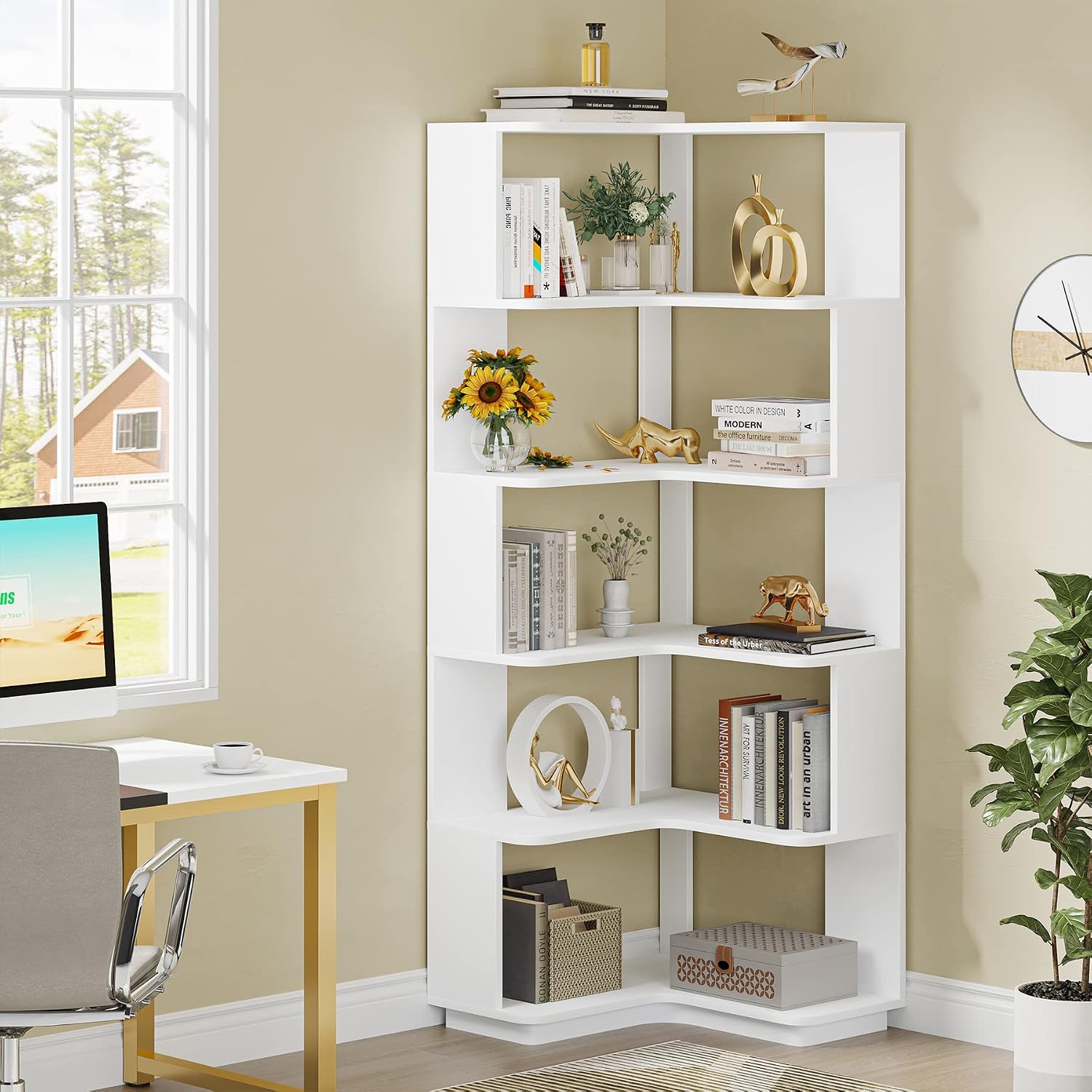 Tribesigns 6-Tier Corner Bookshelf, 64.9 Inches Tall Corner Book Shelf with Anti-Drop Panel, Modern Bookcase with Storage, Wood Display Shelving Unit for Home Office, Living Room, White