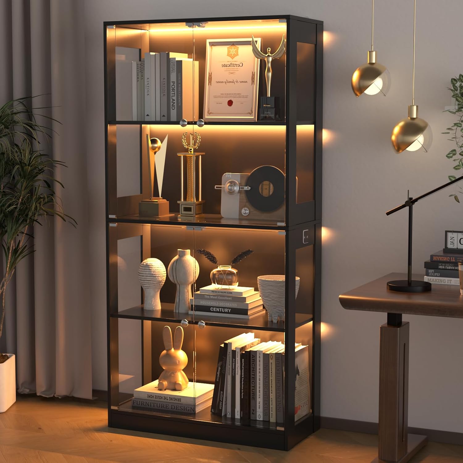 VOWNER 65'' Display Cabinet with Glass Door, 4-Tier Curio Cabinet for Collectibles Trophy, Glass Display Case with Human Body Sensor, 3 Color Lights, Bookcase Storage Cabinets for Living Room, Study