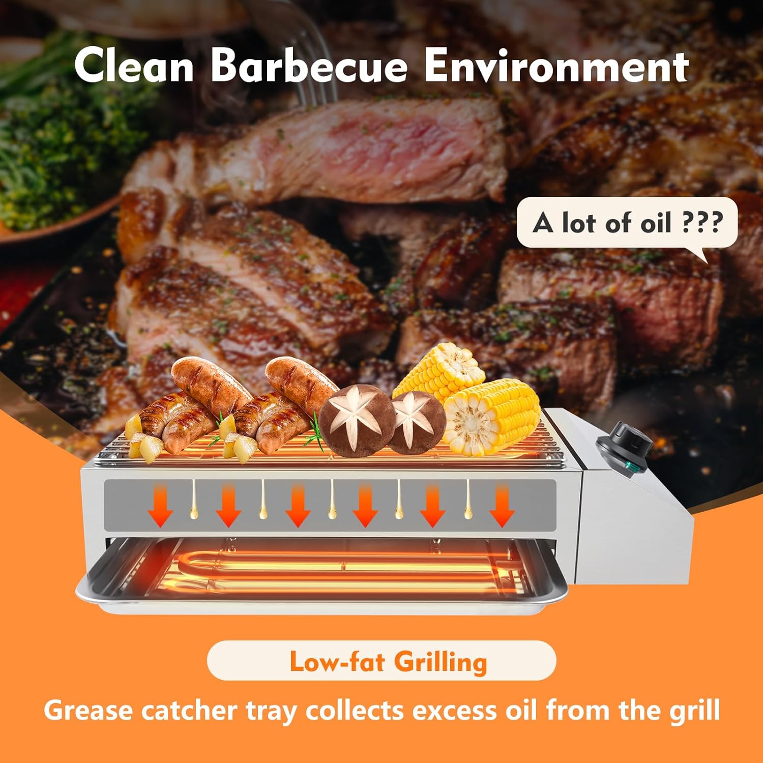 Electric Grill, 1800W Smokeless Indoor Countertop Grill with Adjustable Temperature and Removable Grill Rack, Stainless Steel for Family Gatherings and Camping