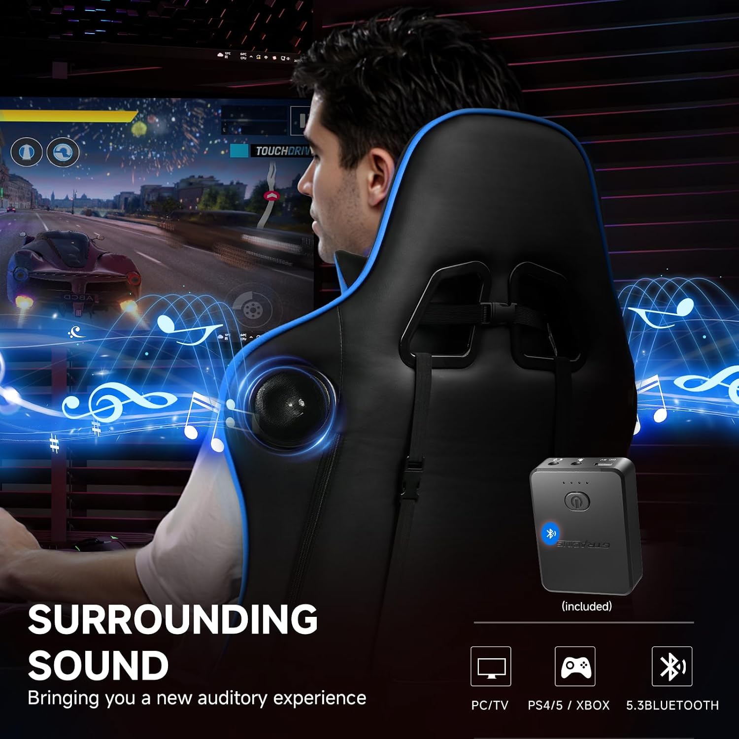 GTPLAYER Gaming Chair,Gamer Chair with Bluetooth and Adjustable Backrest,Seat Height Adjustable Computer Chairs with 3D Armrests,Video Game Chair with Footrest Speakers (Blue)
