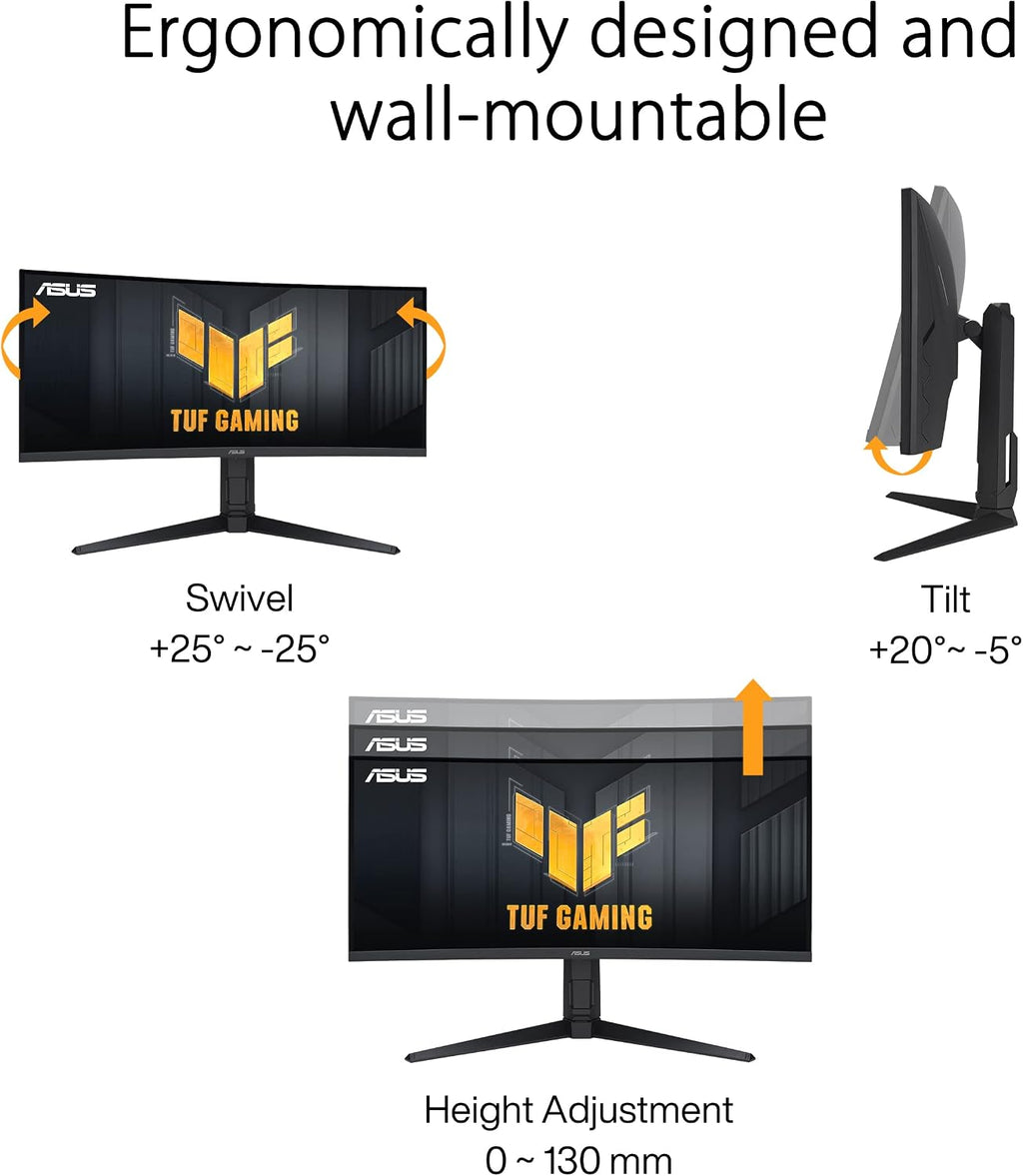 ASUS TUF Gaming 34' 1440P 1500R Curved Monitor (VG34VQL3A) - QHD (3440 x 1440), 180Hz, 1ms, Extreme Low Motion Blur, Freesync Premium Pro, 125% sRGB, DisplayHDR 400, Height Adjustable, 3 year warranty