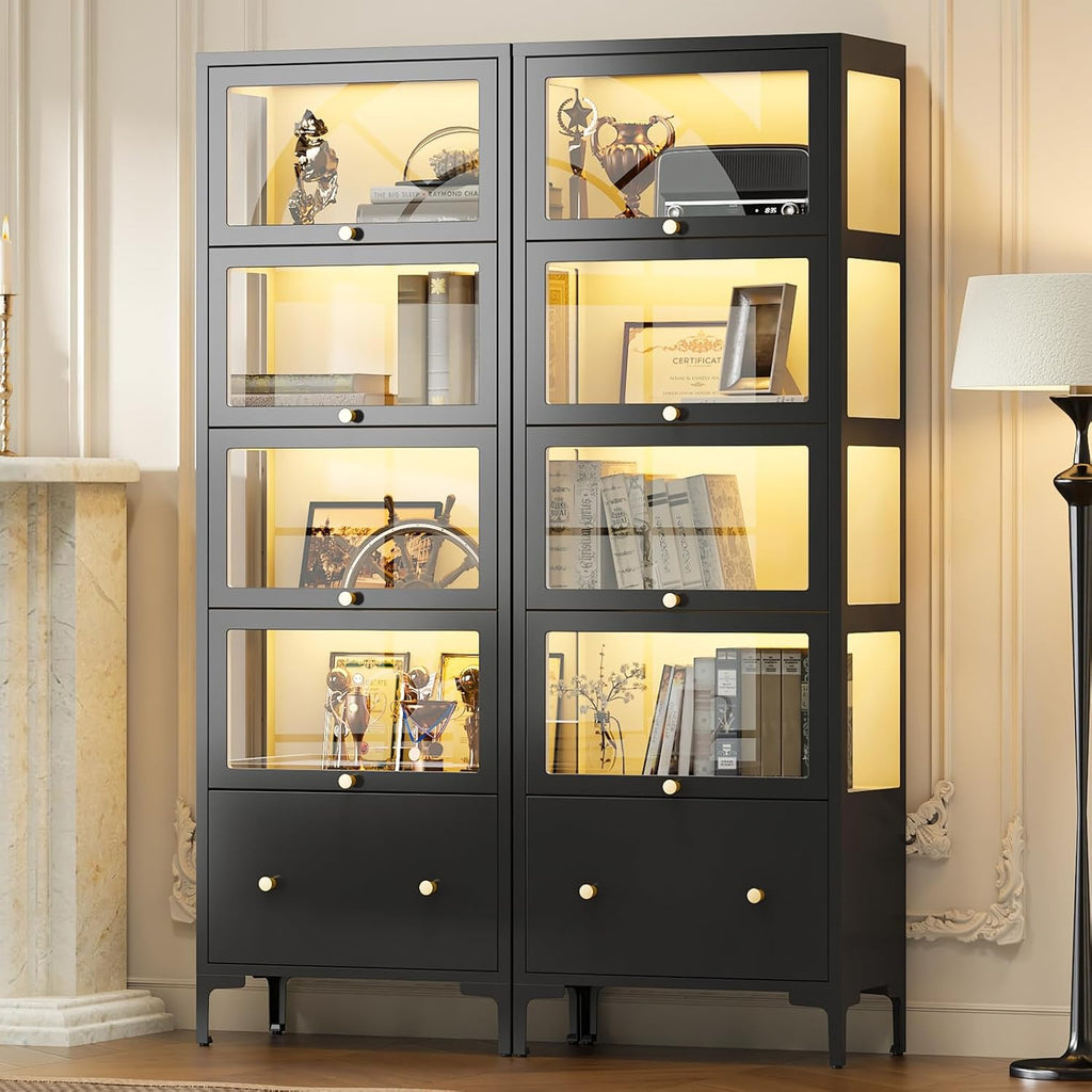 Display Cabinet with Glass Doors, 67' Metal Curio Cabinet with Drawer & 13-Color RGB LED Lights, 5-Tier Glass Display Case for Collectibles, Figure, Toys, Books, Black