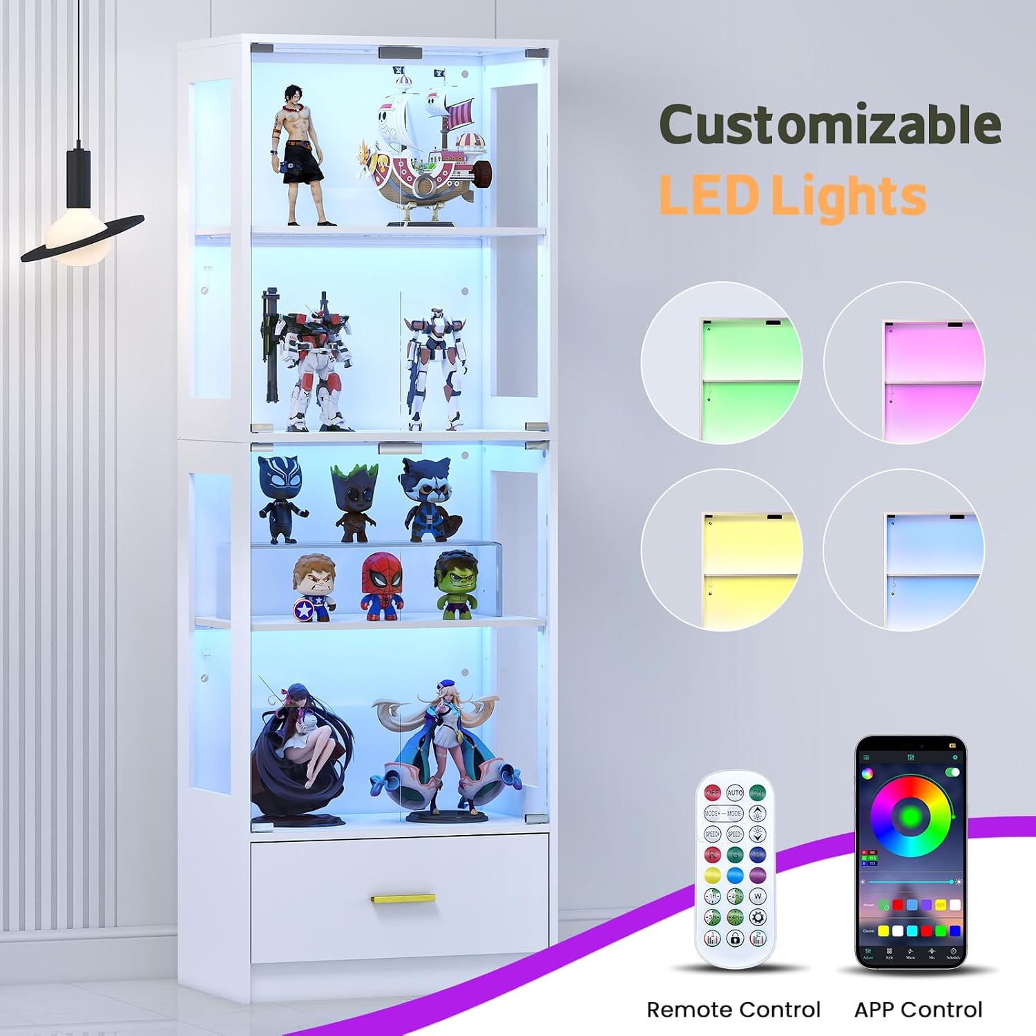 Lamtor Display Cabinet with Glass Doors - 67' Curio Cabinet with RGB LED Lights and Drawer for Collectibles, 4 Tier Glass Display Case for Living Room, Office, White (Narrow)
