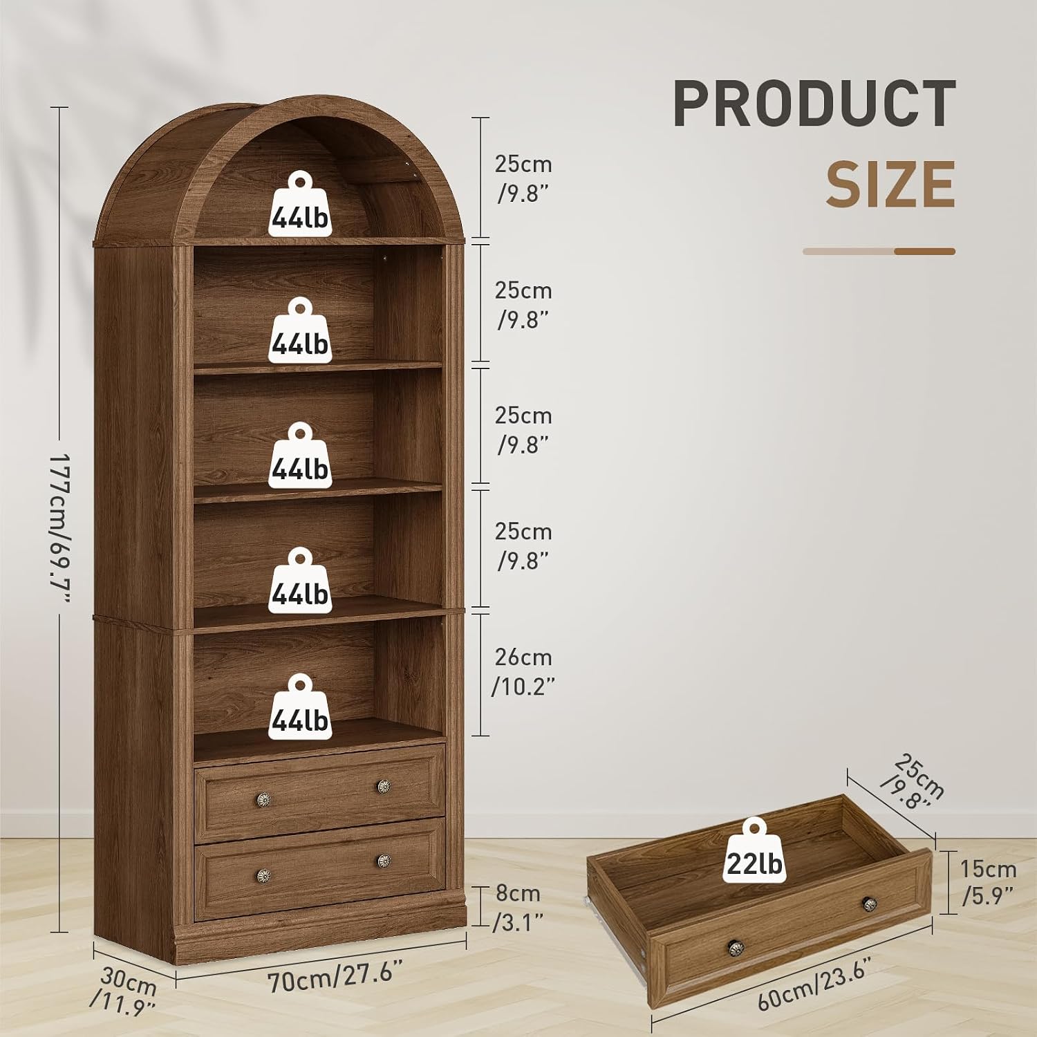 RALGEND Farmhouse Arched Bookshelf, 7 Tiers Arch Bookcase with 2 Spacious Drawers, Modern Book Shelf with Open Display Shelves and Storage Cabinet, for Office, Living Room, Kitchen, Walnut