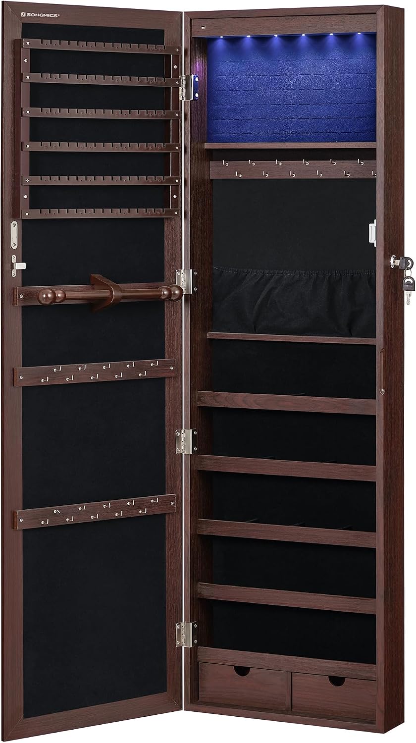SONGMICS 6 LEDs Mirror Jewelry Cabinet, 47.2-Inch Tall Lockable Wall or Door Mounted Jewelry Armoire Organizer with Mirror, 2 Drawers, 3.9 x 14.6 x 47.2 Inches, Brown UJJC93K
