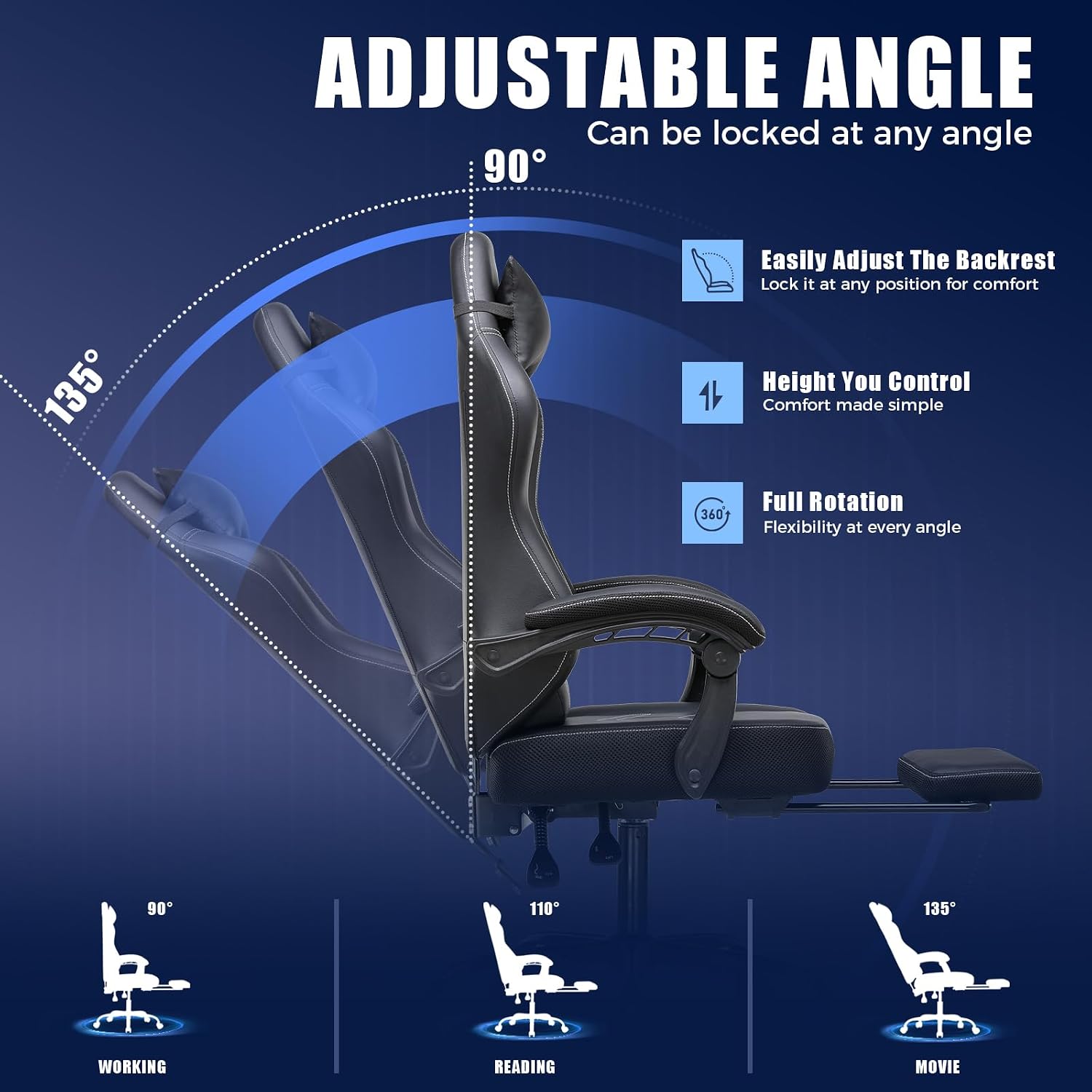 GTPLAYER Gaming Chair with Footrest, Recliner Chair with Headrest & Lumbar Support, Linkage Armrest,Ergonomic Gaming Chair 350lbs, High Back Office Home, Black