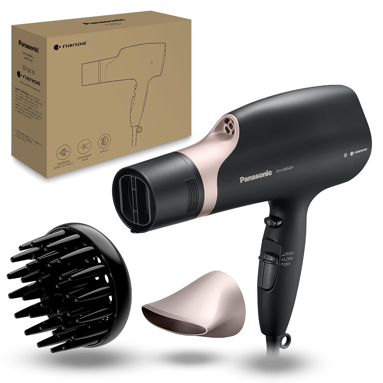 Panasonic Nanoe Salon Hair Dryer with Oscillating QuickDry Nozzle, Diffuser & Concentrator Attachments, 3 Heat & 2 Speed Settings, Japanese Technology for All Hair Types – EH-ANA6HN (Black/Pink Gold)