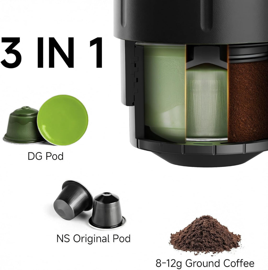 HIBREW H4C Explorer - Portable Electric Espresso Machine, USB-C Rechargeable Coffee Machine for Camping and Travel, Compact for Capsules & Ground Coffee, with Foldable Holder & Carrying Case (Black)
