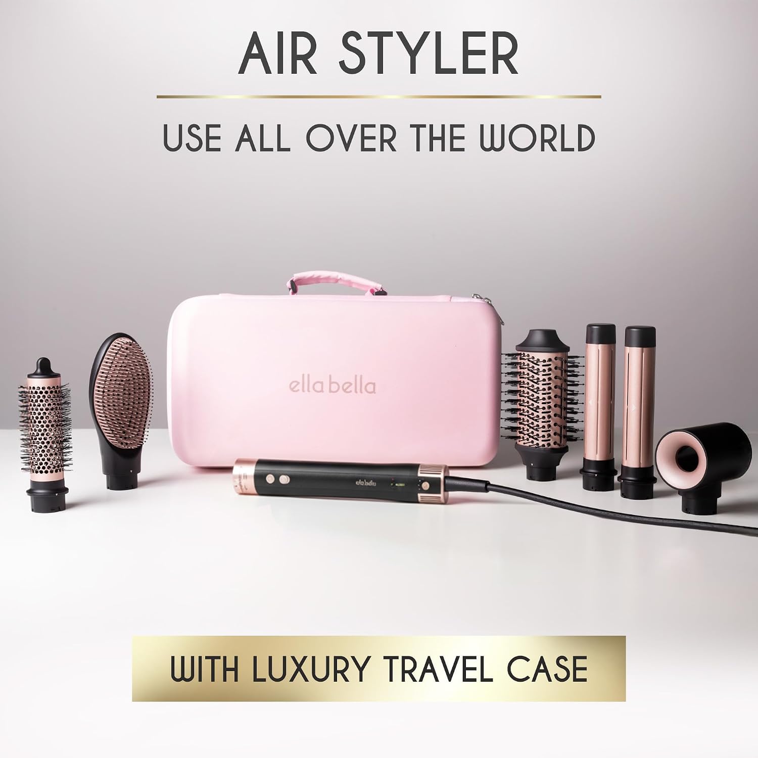 ELLA BELLA® 6 in 1 Professional Hot Air Styler Dual Voltage • Powerful Hair Dryer & Straightener Set • Styling Without Heat Damage • Fast Drying Curling Volumizing Straightening • with Travel Case