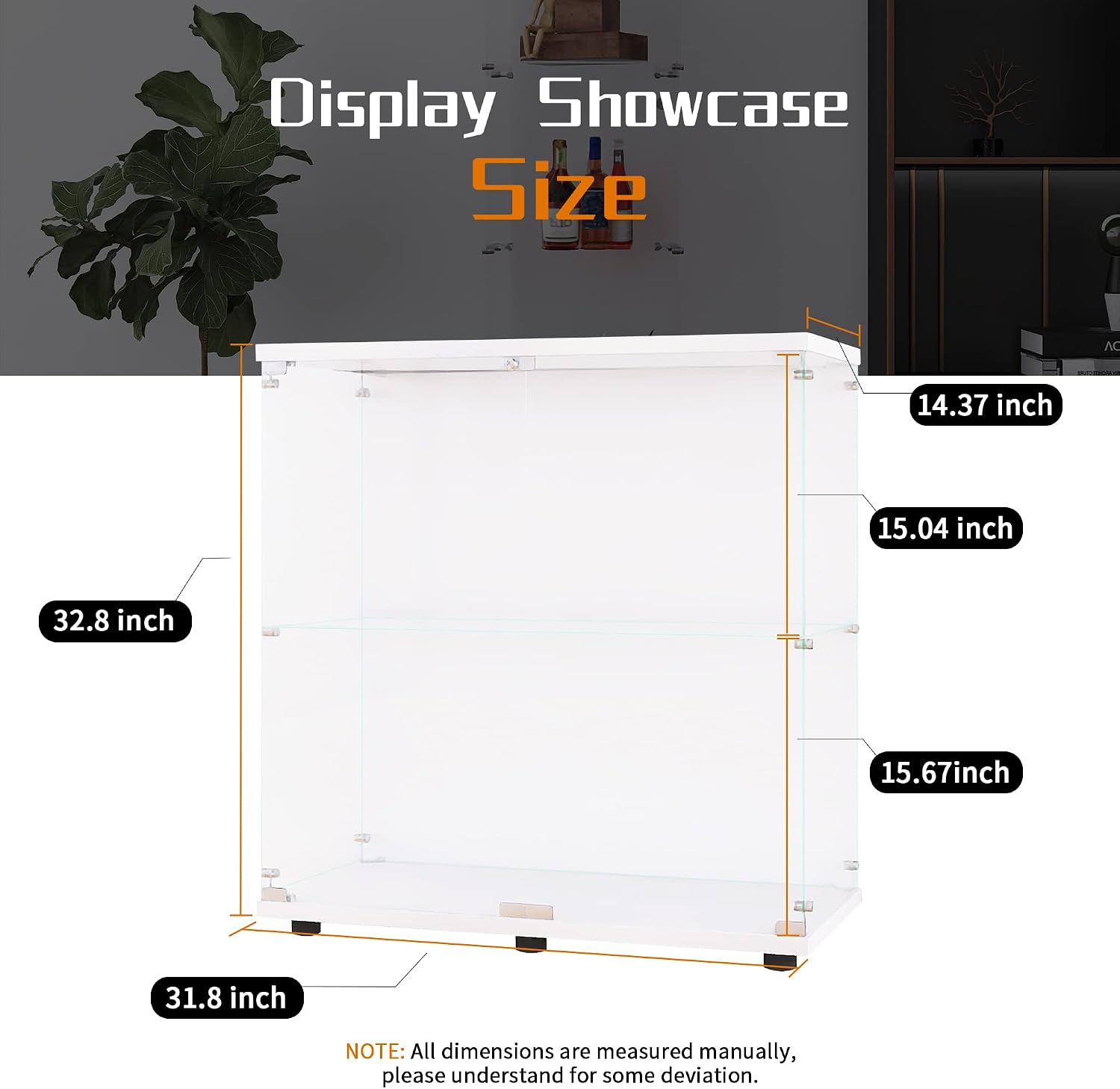 Beauty4U Glass Display Cabinet with 2 Shelves, 2 Doors Curio Cabinets for Living Room, Bedroom, Office, White Floor Standing Glass Bookshelf, Quick Installation