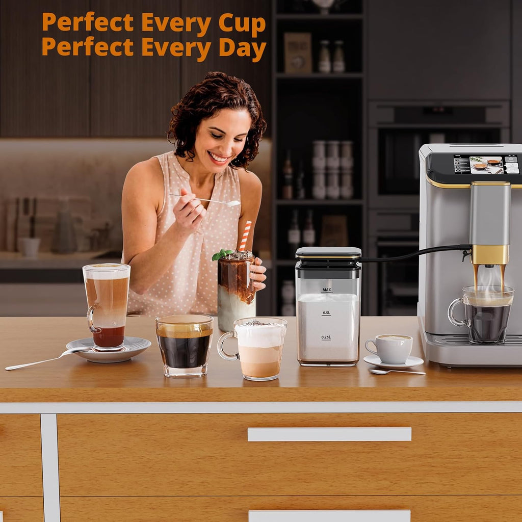 Garvee Fully Automatic Espresso Machine, with Milk Frother, One Touch Recipes, Intuitive Touch Display, 20 Bar Pressur & 15 Grind Settings for Latte, Cappuccino, Espresso, Built-In Grinder