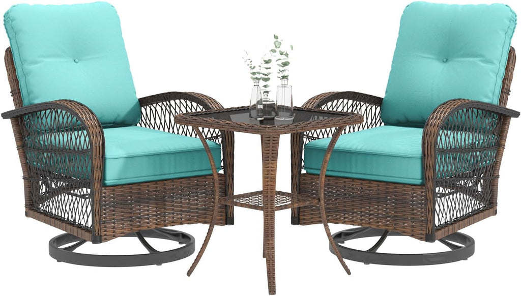 EROMMY 3 Pieces Patio Furniture Set, Outdoor Swivel Rocker Patio Chairs, Wicker Patio Bistro Set with Rocking Chair, Thickened Cushions and Glass Coffee Table for Backyard, Garden, Blue