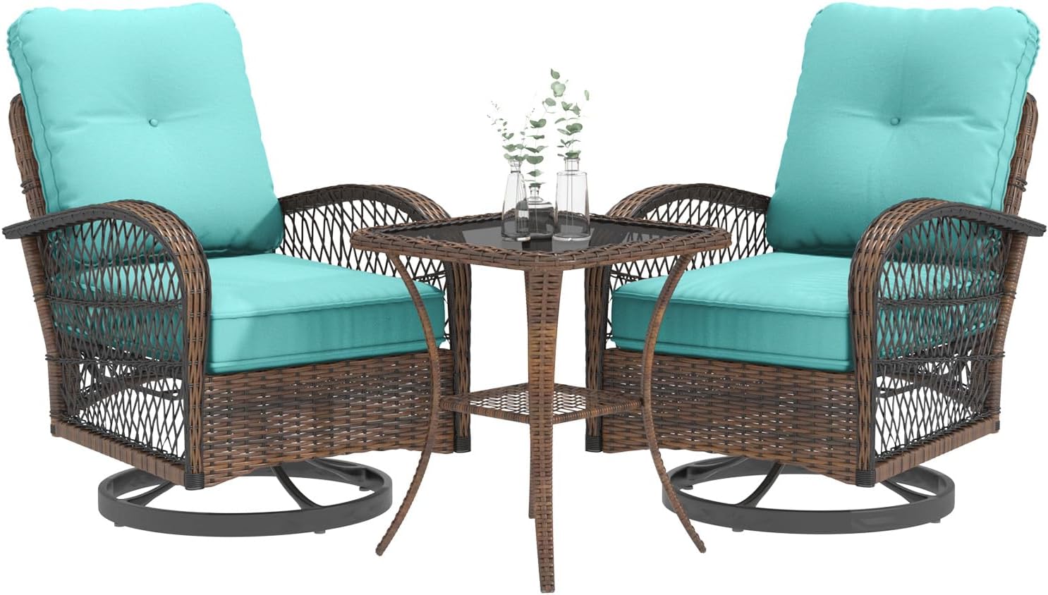 EROMMY 3 Pieces Patio Furniture Set, Outdoor Swivel Rocker Patio Chairs, Wicker Patio Bistro Set with Rocking Chair, Thickened Cushions and Glass Coffee Table for Backyard, Garden, Blue
