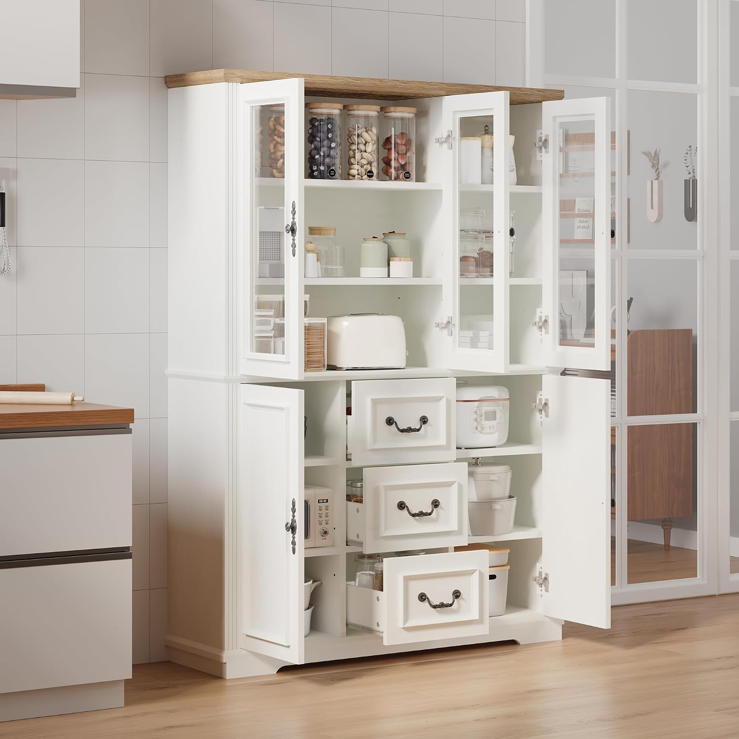 YITAHOME 71' H x 47' W Kitchen Pantry with 3 Drawers, Large Storage Cabinet with 3 Glass Doors & Adjustable Shelves, Freestanding Tall Display China Cabinet for Living & Dining Room, White